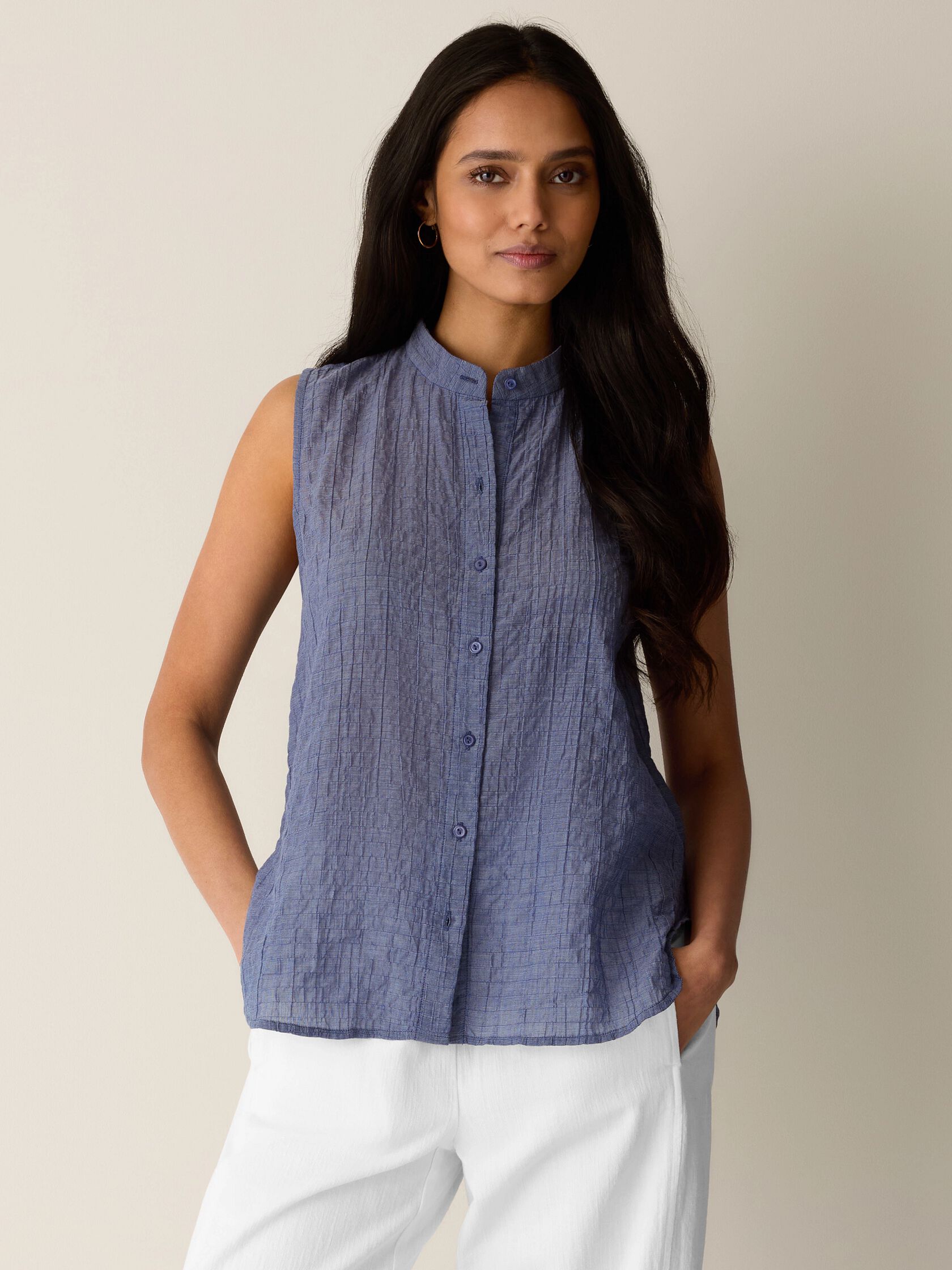 Organic Cotton Microstripe Pucker Sleeveless Shirt