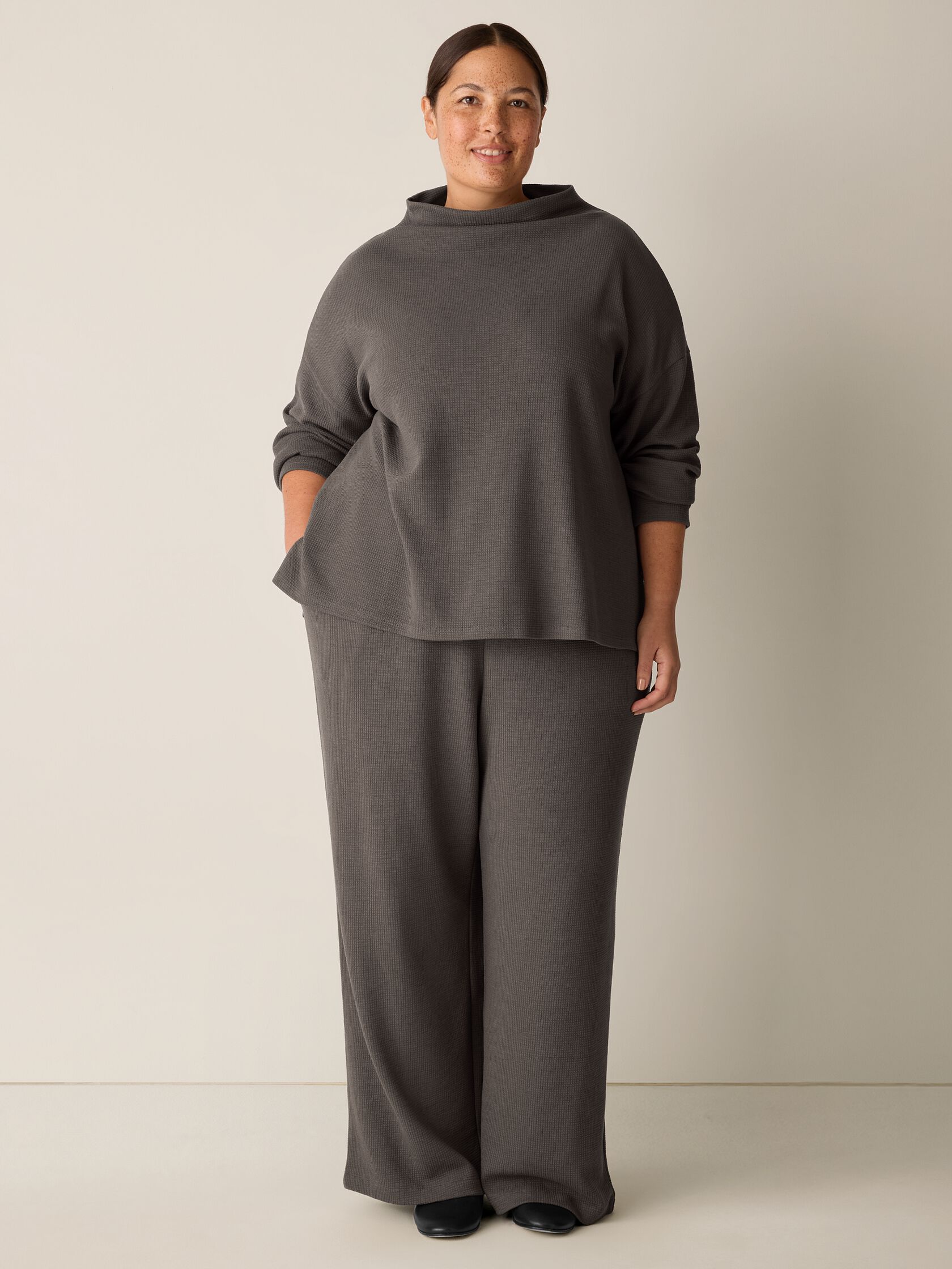 Waffle Cotton Blend Doubleknit Funnel Neck Box-Top