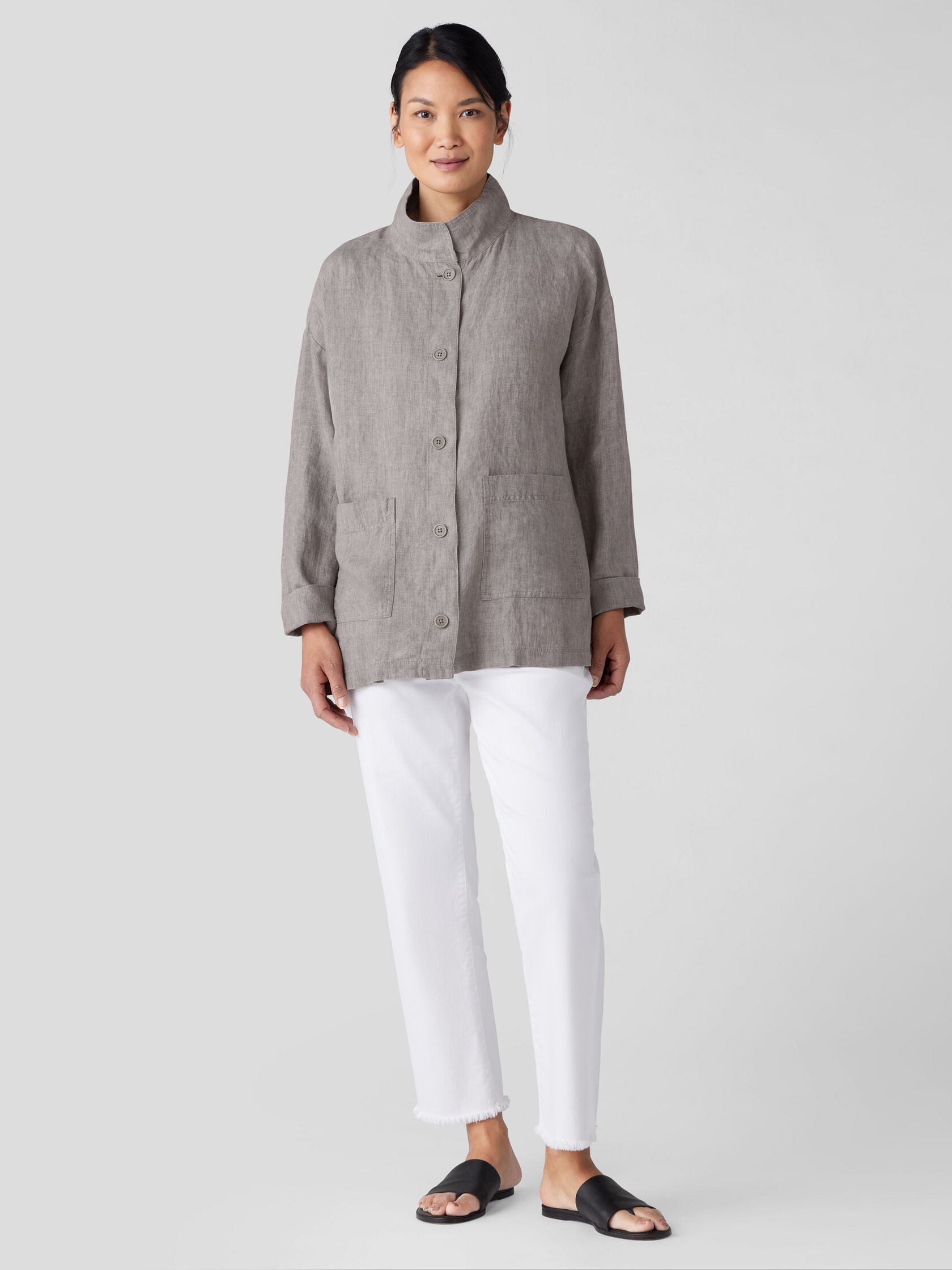 Washed Organic Linen Delave Stand Collar Jacket