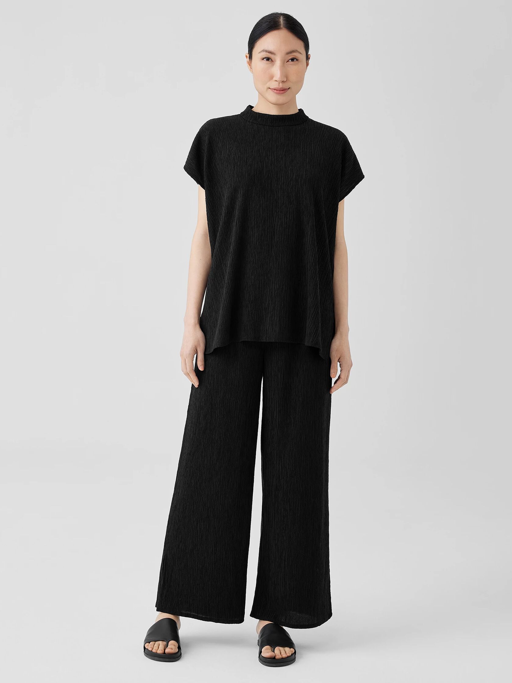 Woven Plissé Mock Neck Top