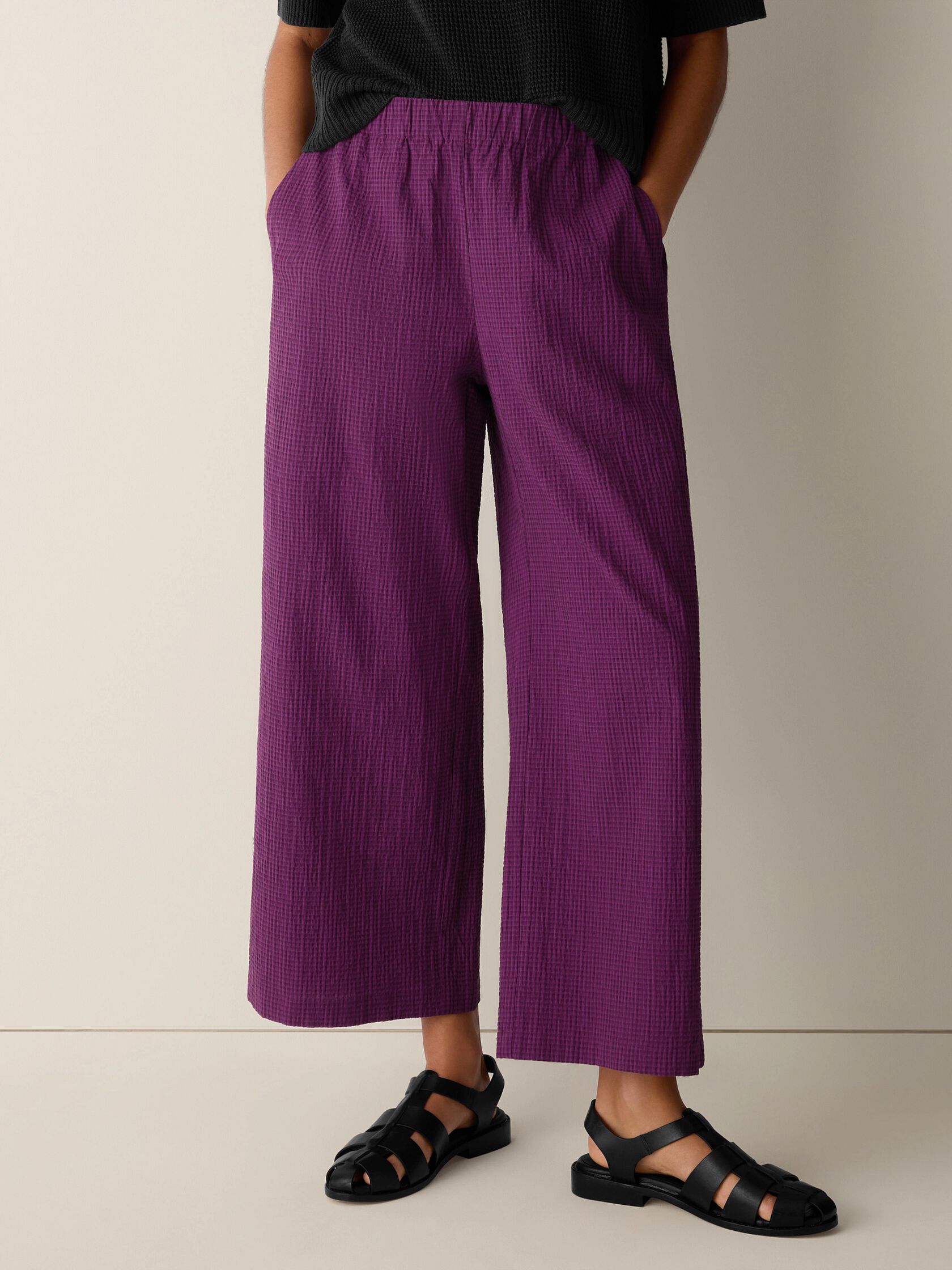 Organic Cotton Pucker Check Wide-Leg Pant
