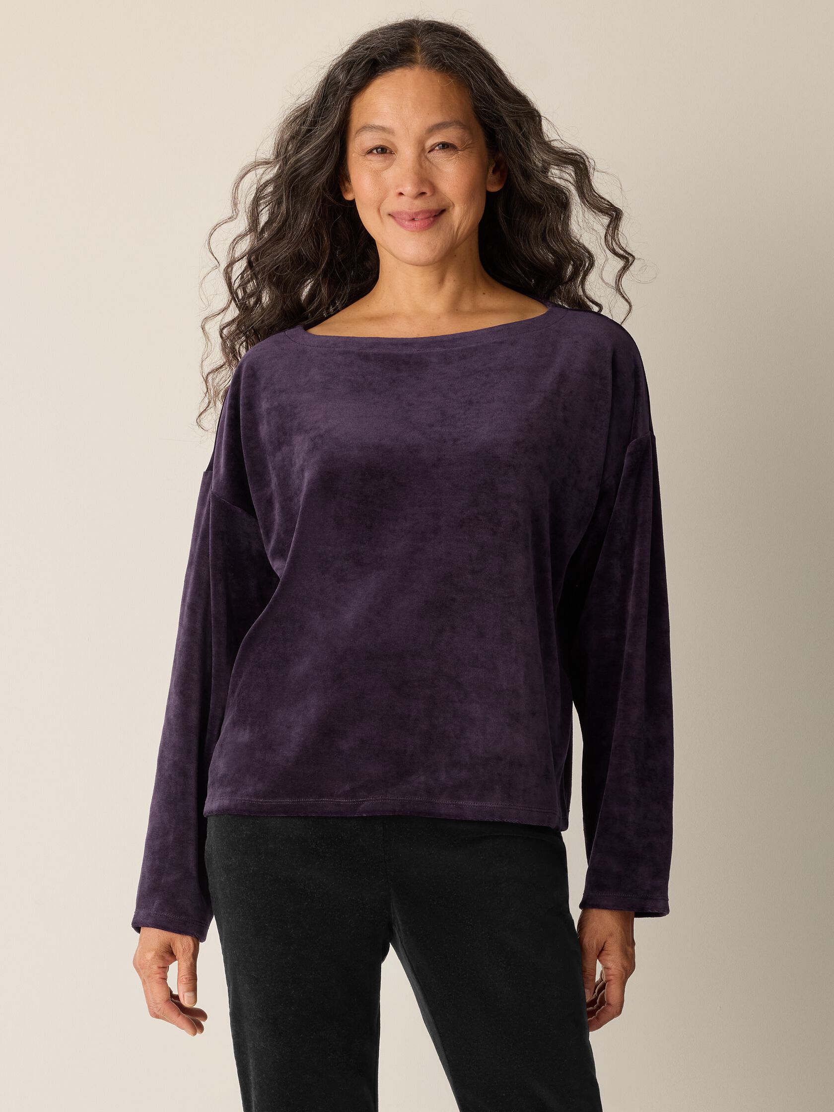 Cozy Velour Knit Bateau Neck Top