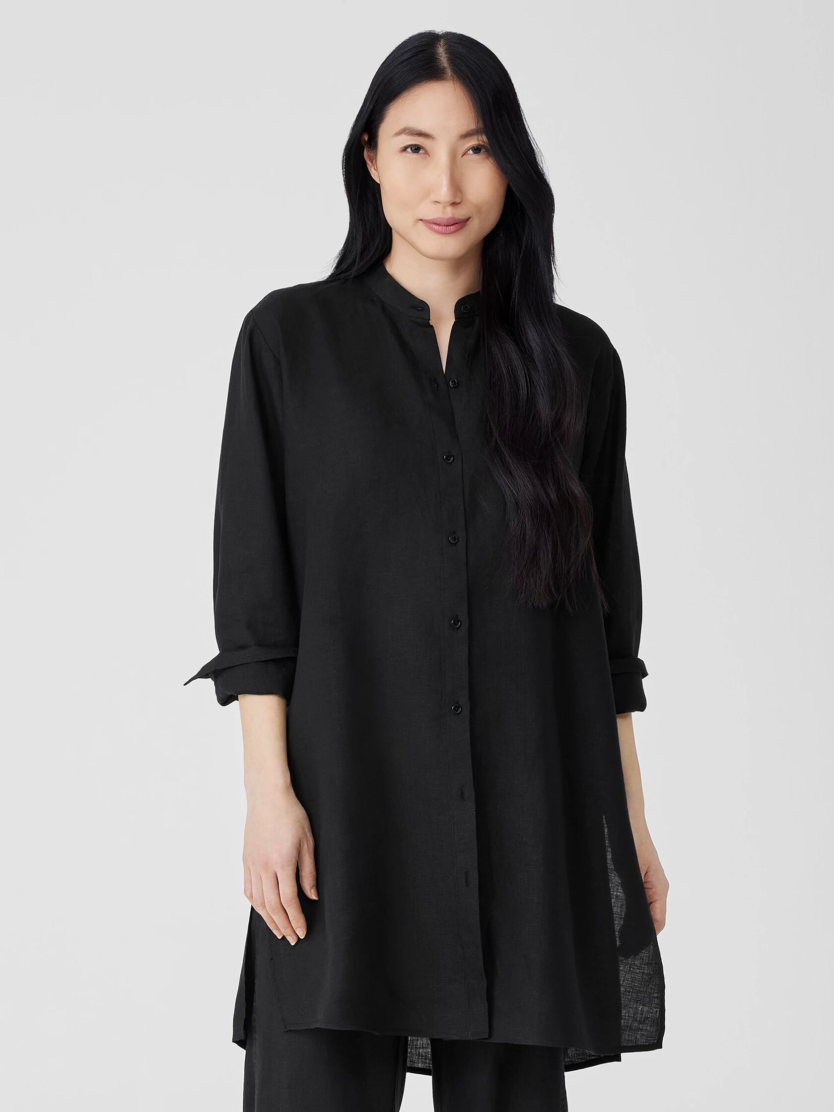 Handkerchief Linen Mandarin Collar Long Shirt