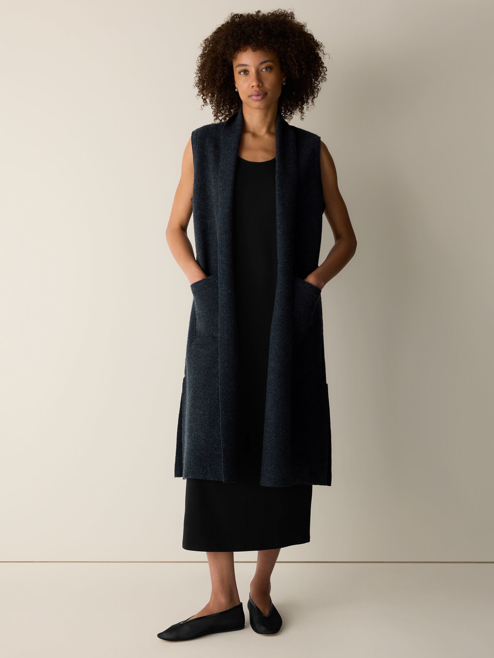Lightweight Boiled Wool Shawl Collar Vest in Regenerative Wool