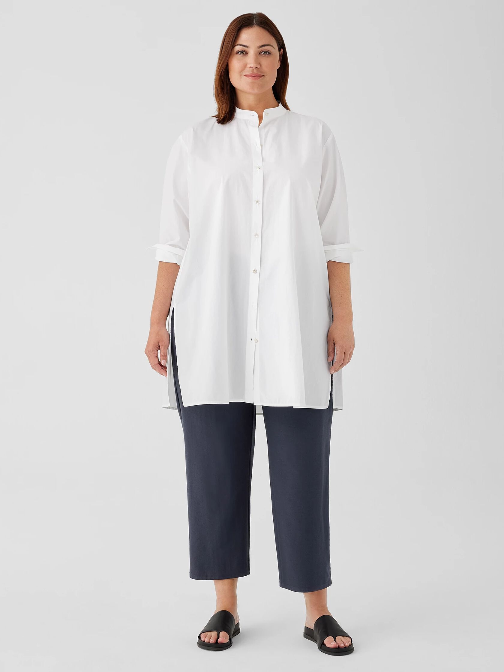 Washed Organic Cotton Poplin Mandarin Collar Long Shirt