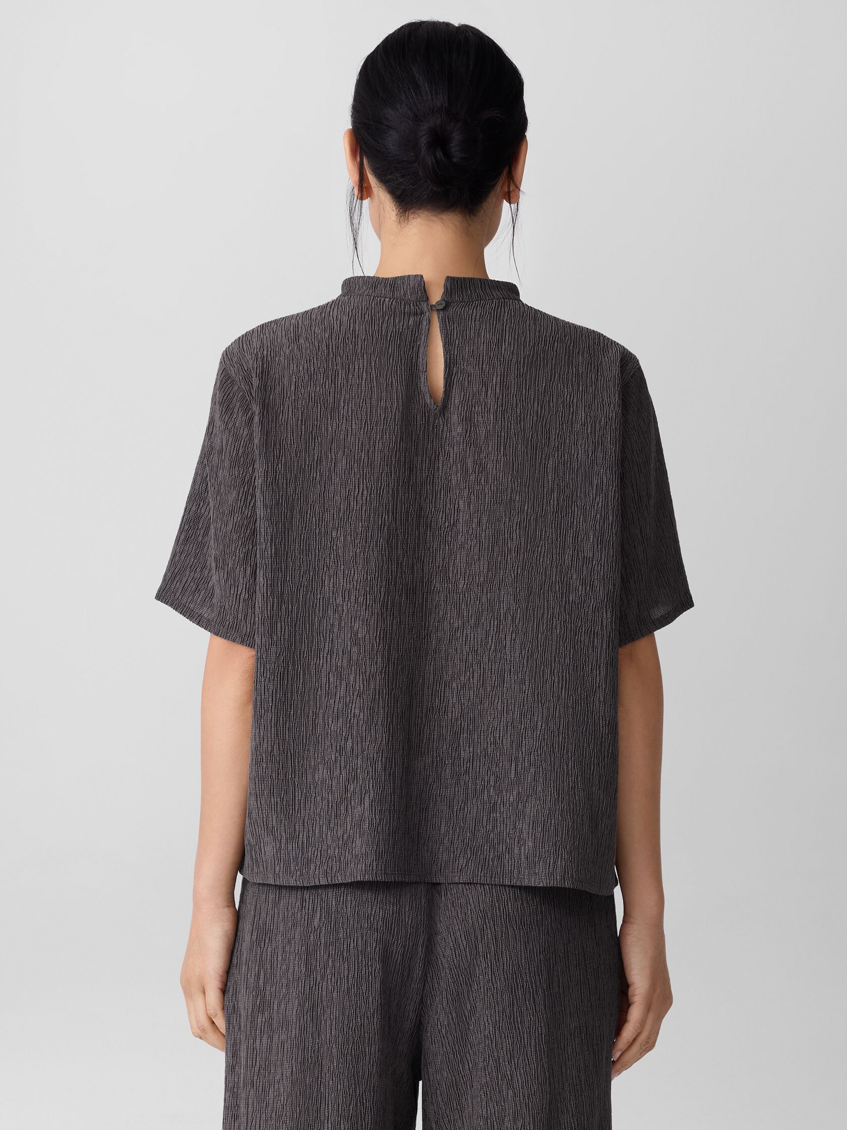 Woven Plissé Mock Neck Top