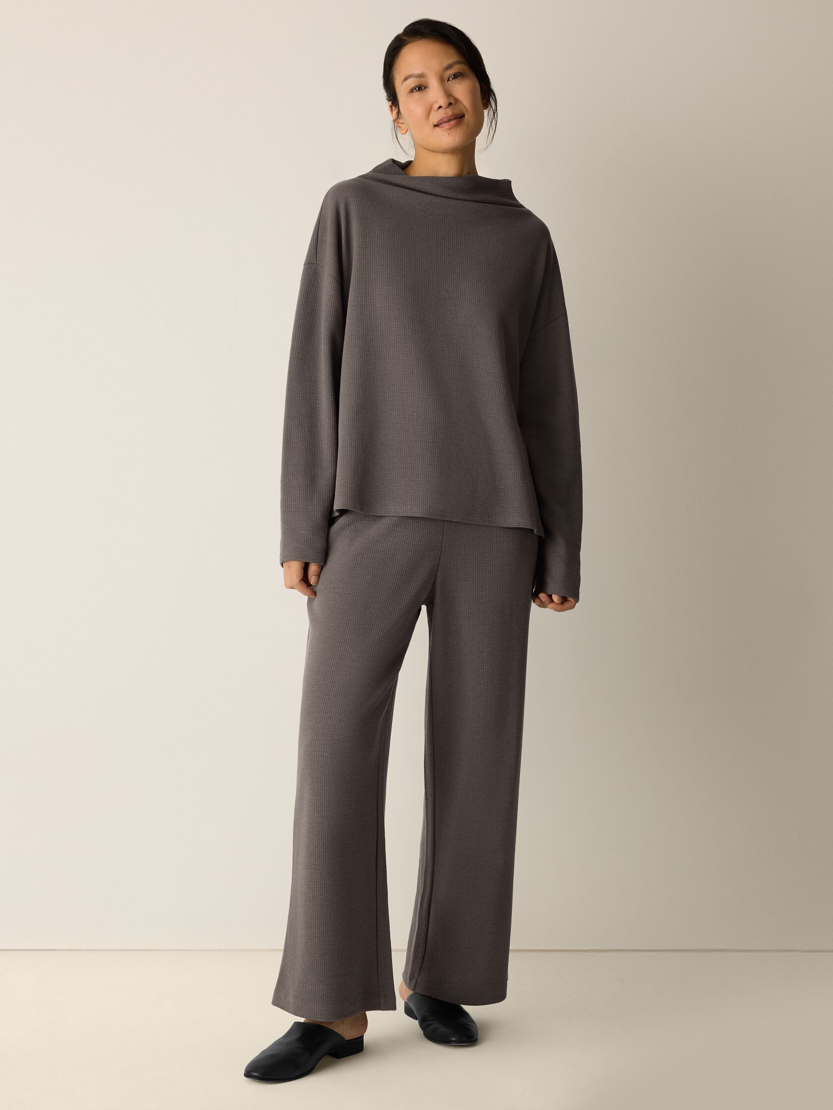 Waffle Cotton Blend Doubleknit Funnel Neck Box-Top