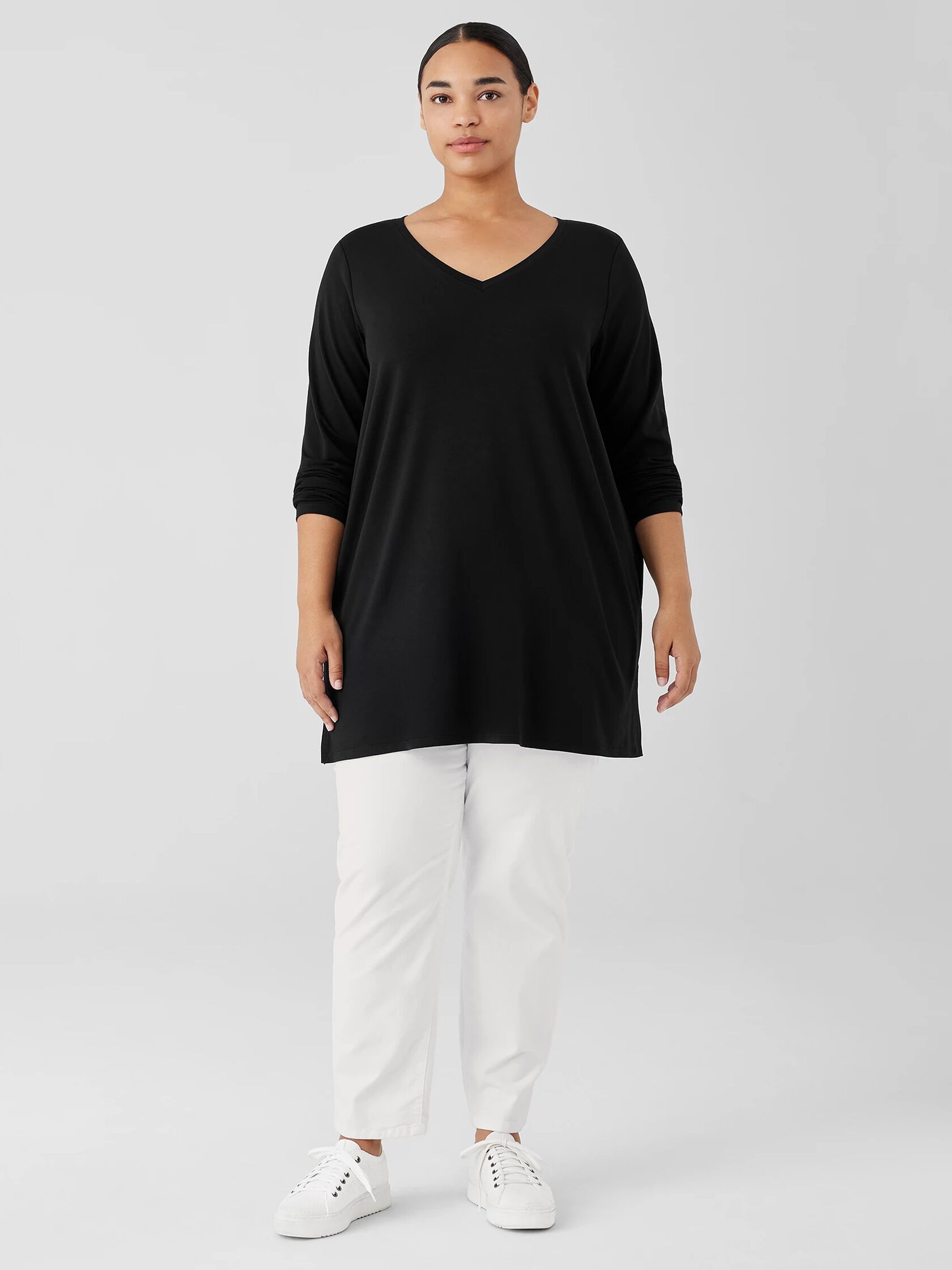 Stretch Jersey Knit V-Neck Long Top