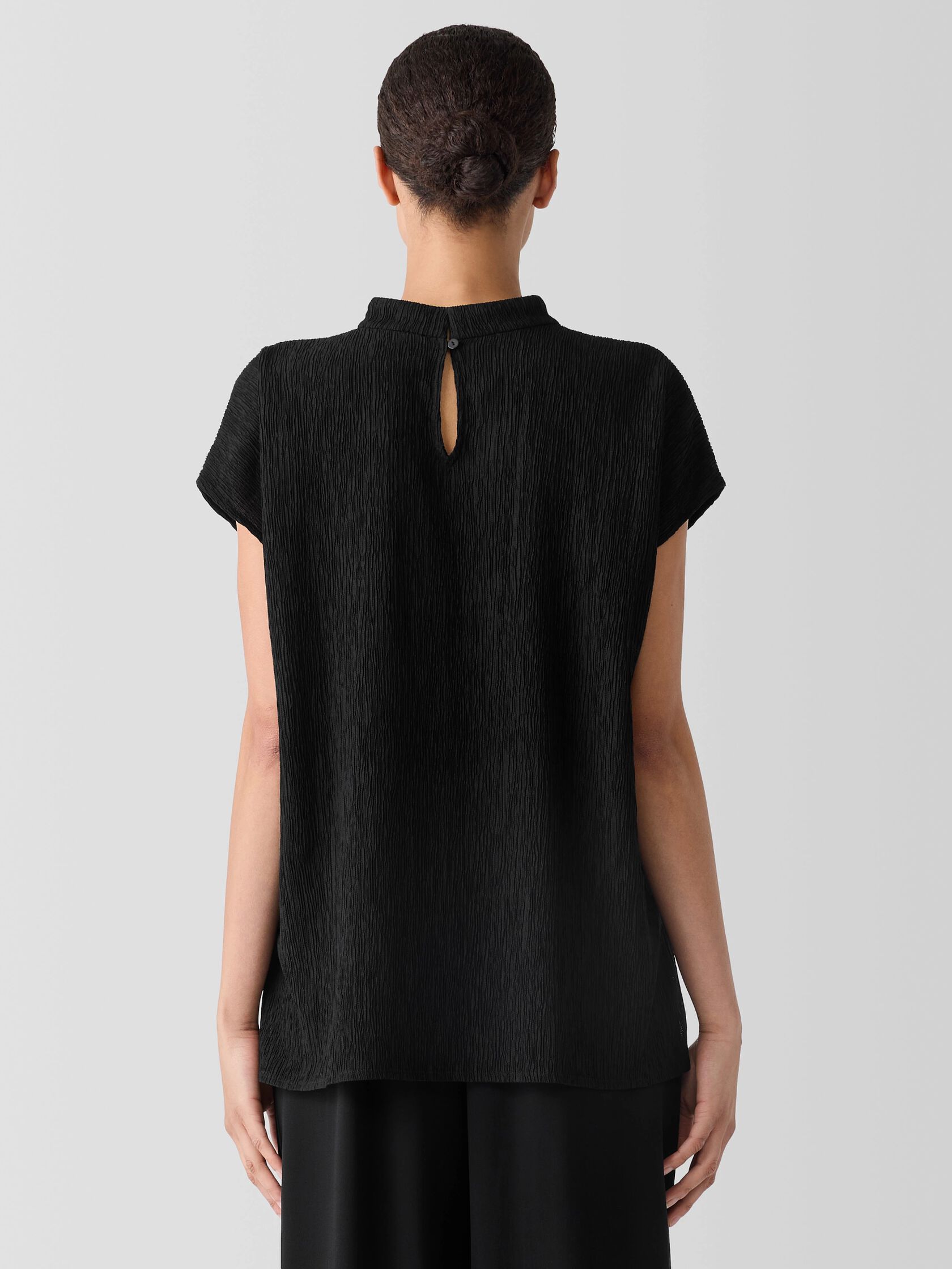 Woven Plissé Mock Neck Top