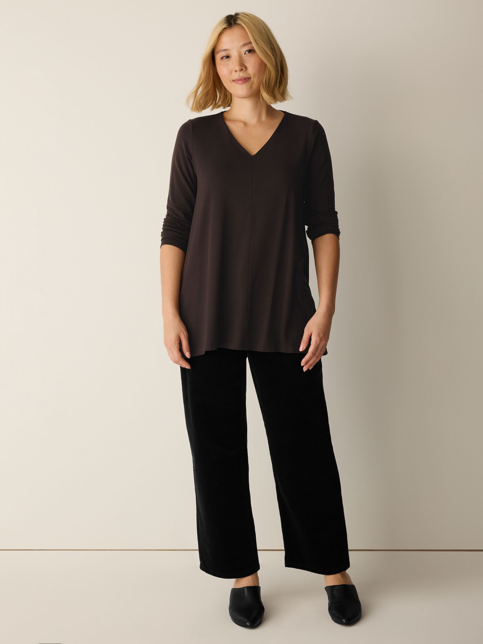 Fine Stretch Jersey Knit V-Neck Long Top