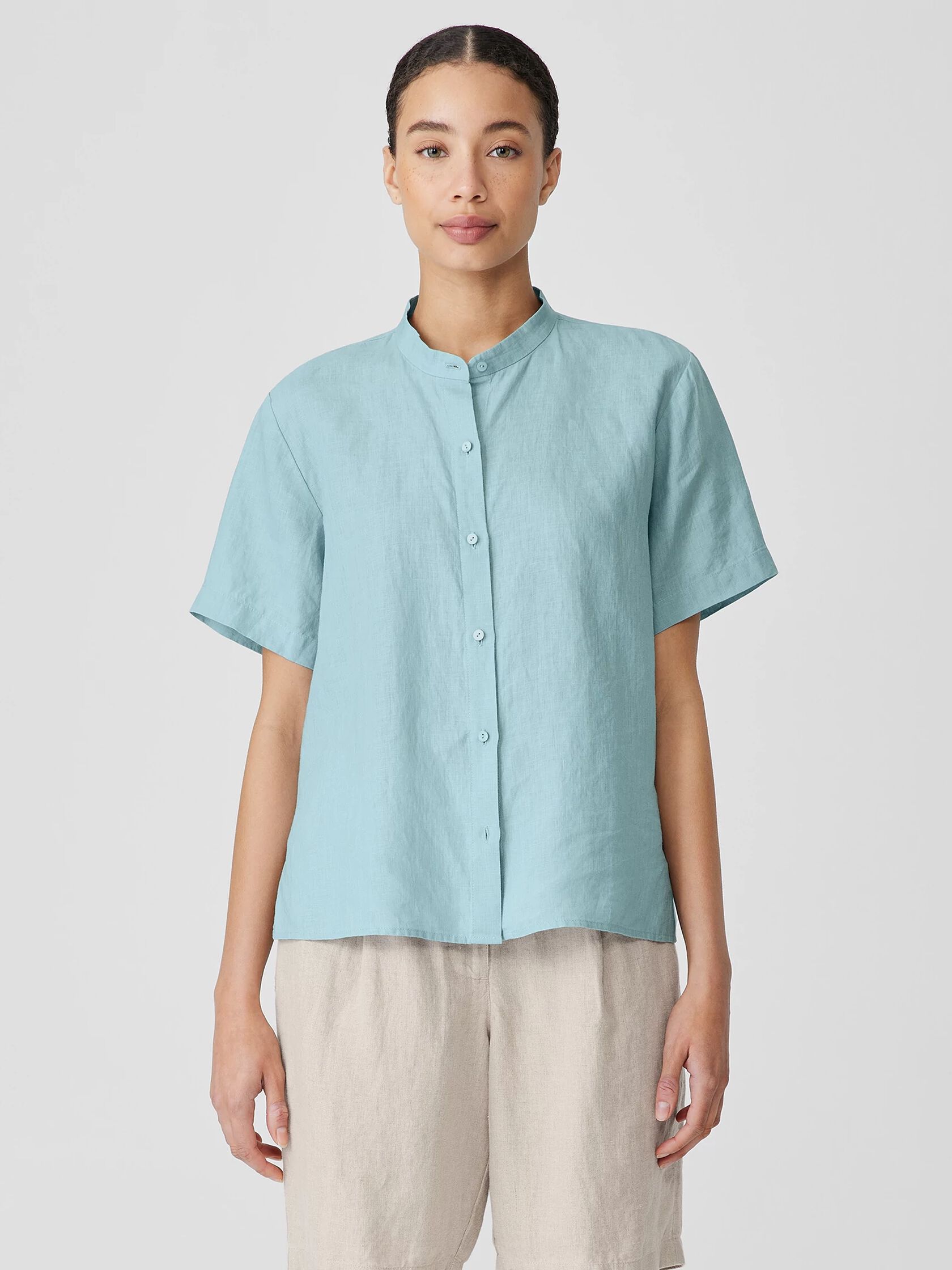Organic Handkerchief Linen Band Collar Short-Sleeve Shirt