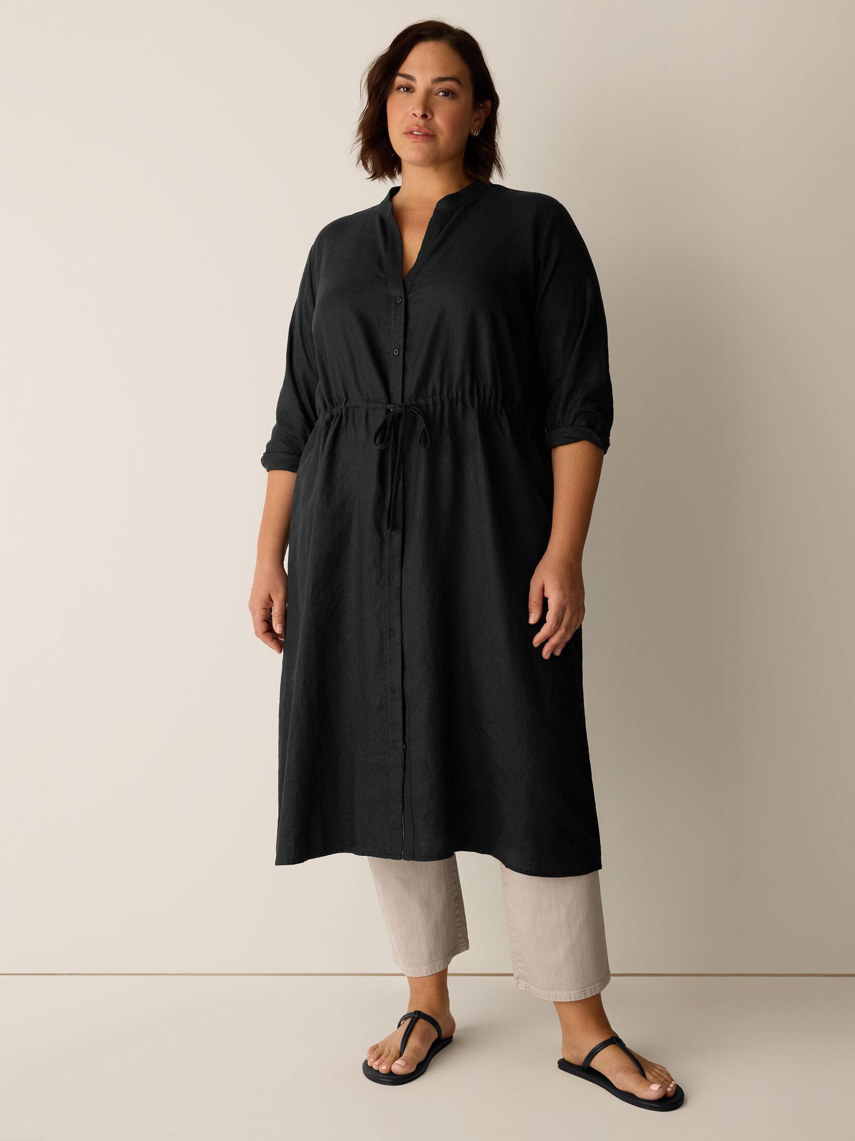 Organic Linen Band Collar Shirtdress