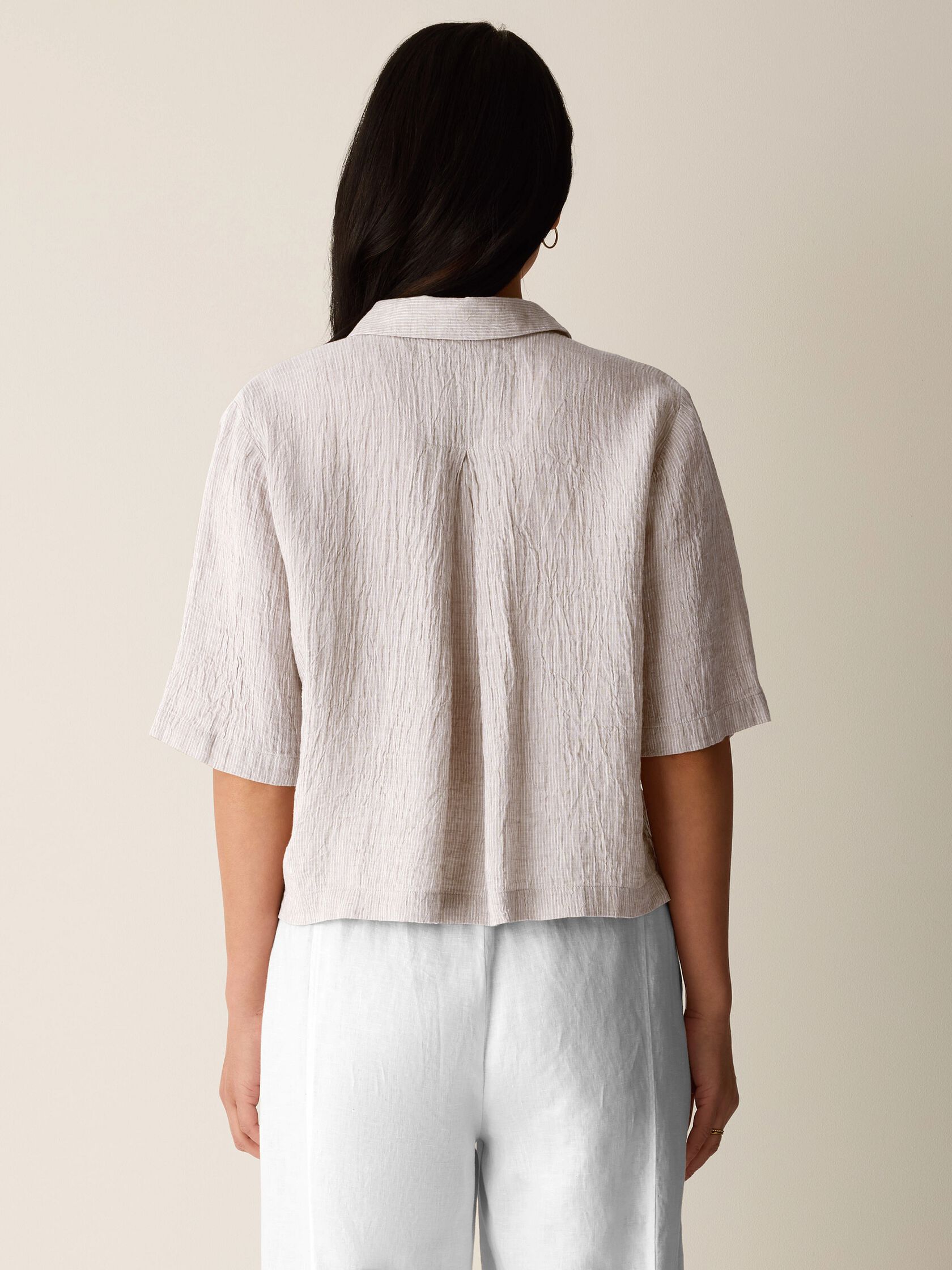 Puckered Organic Linen Stripe Elbow-Sleeve Shirt