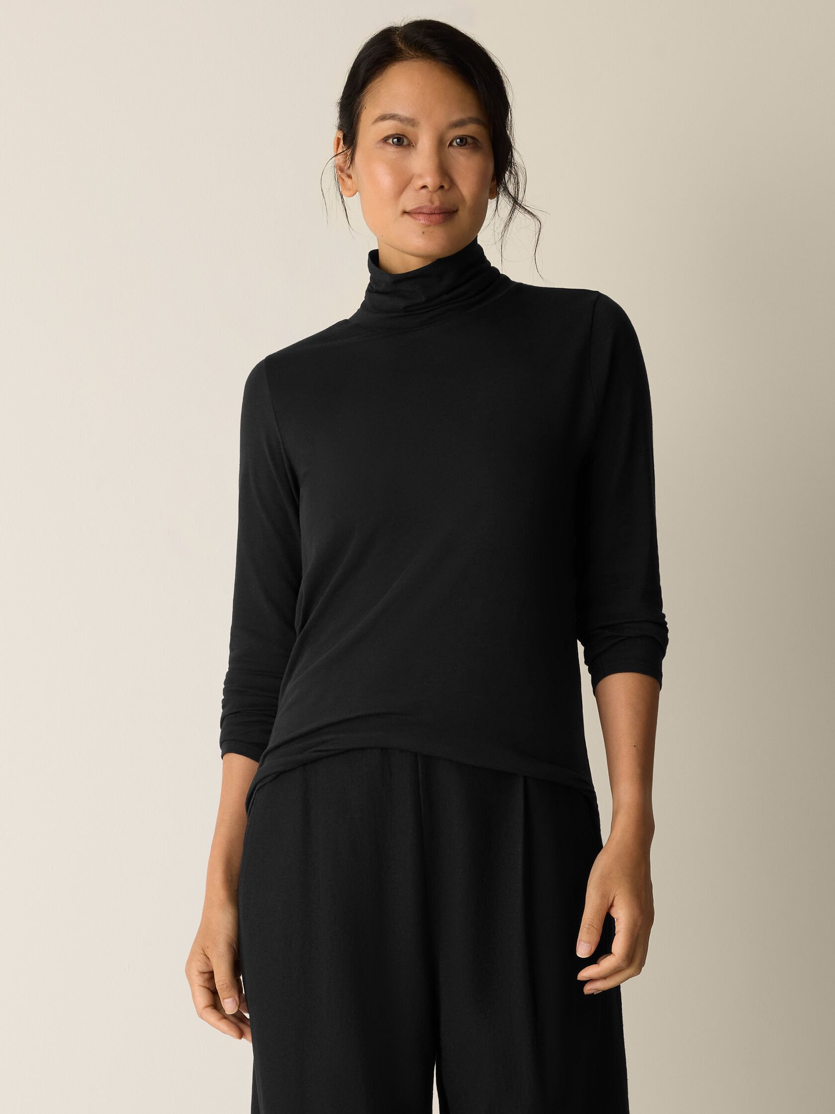 Sheer Cotton Blend Knit Turtleneck Top