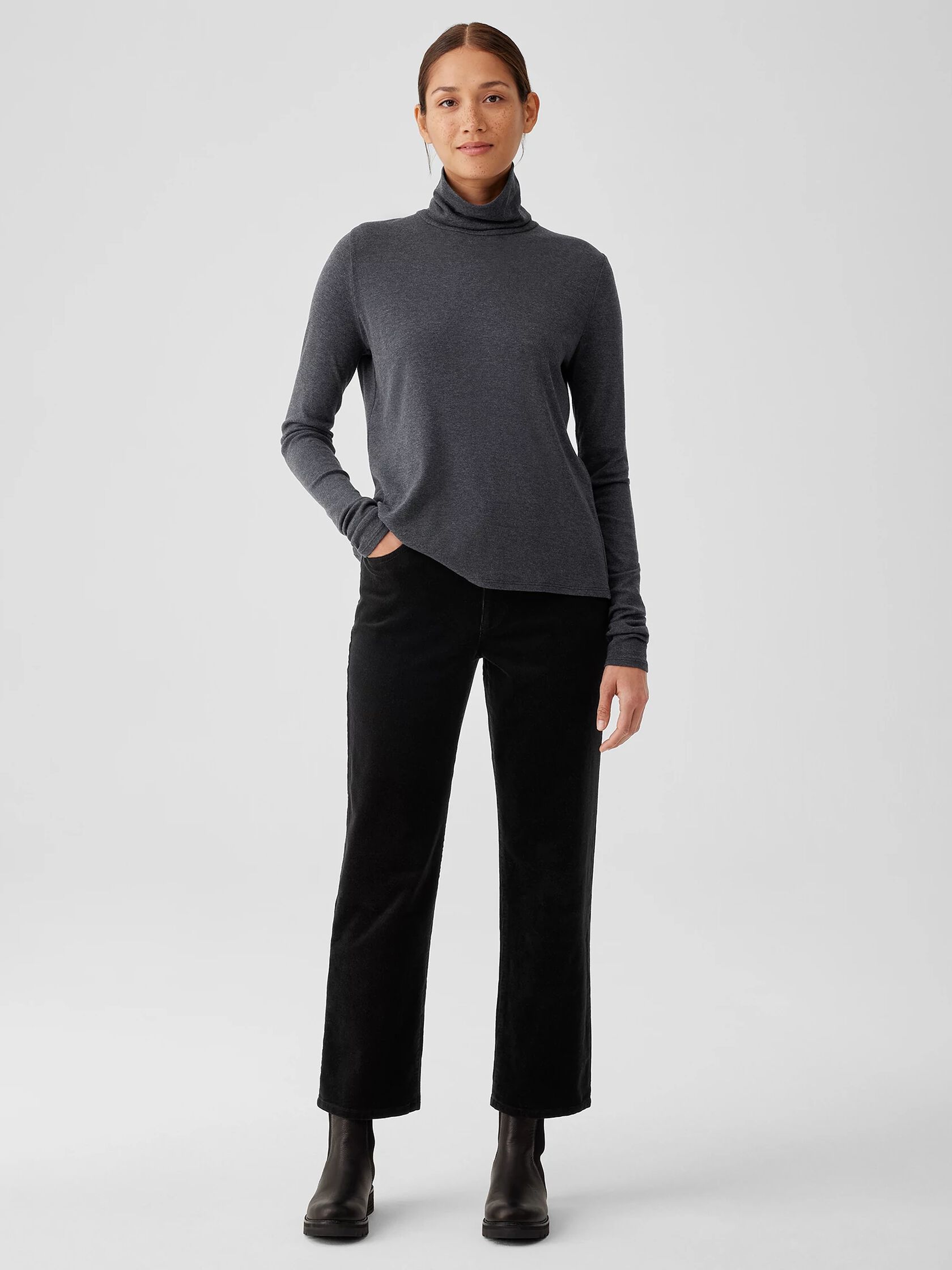 Ribbed Pima Cotton Blend Turtleneck Top