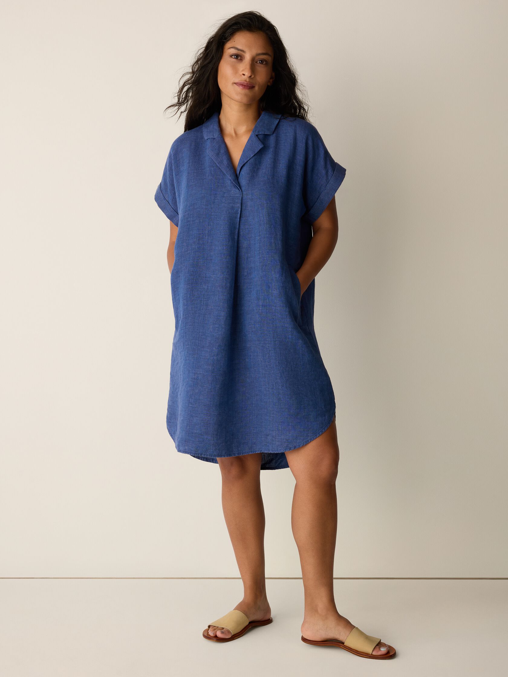 Washed Organic Linen D&eacute;lav&eacute; Notch Collar Dress