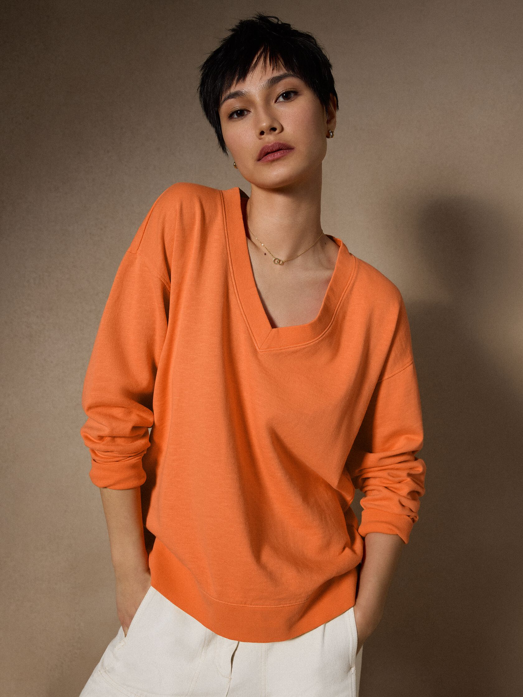 Garment-Dyed Organic Cotton Terry V-Neck Top