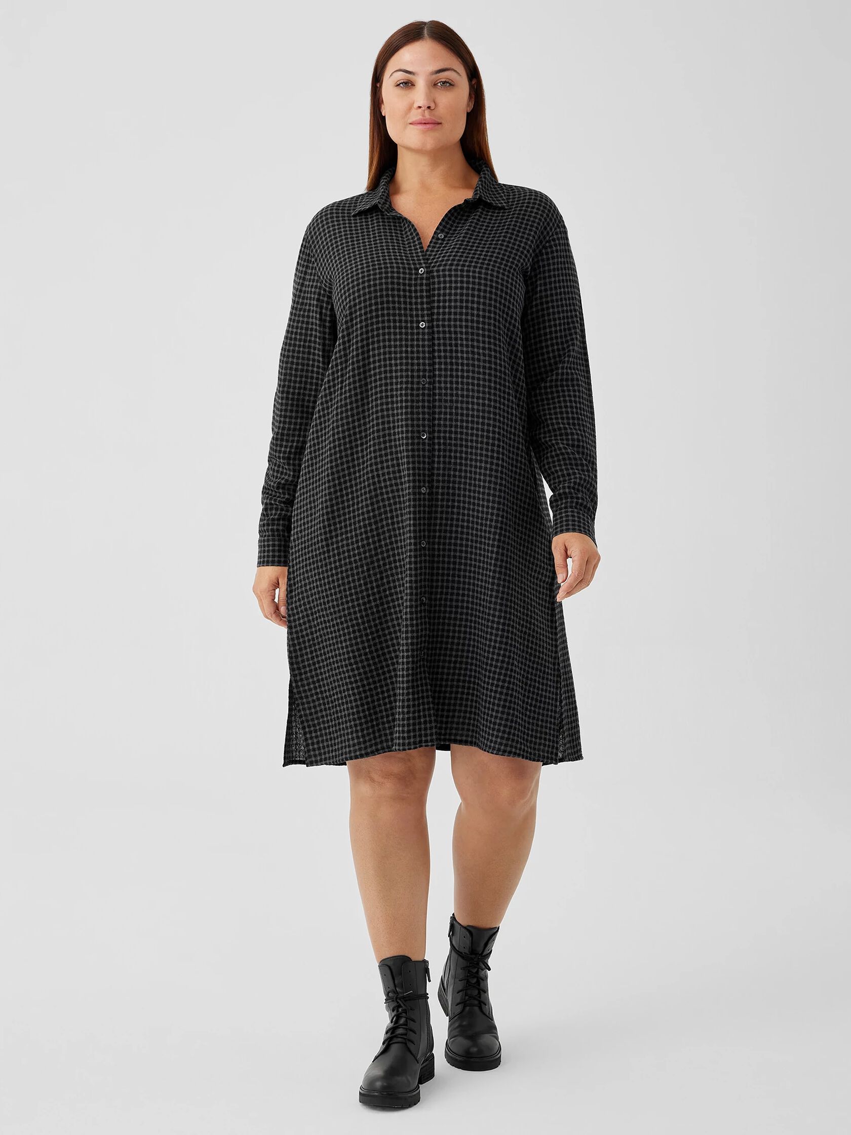 Wool Cotton Check Classic Collar Shirtdress