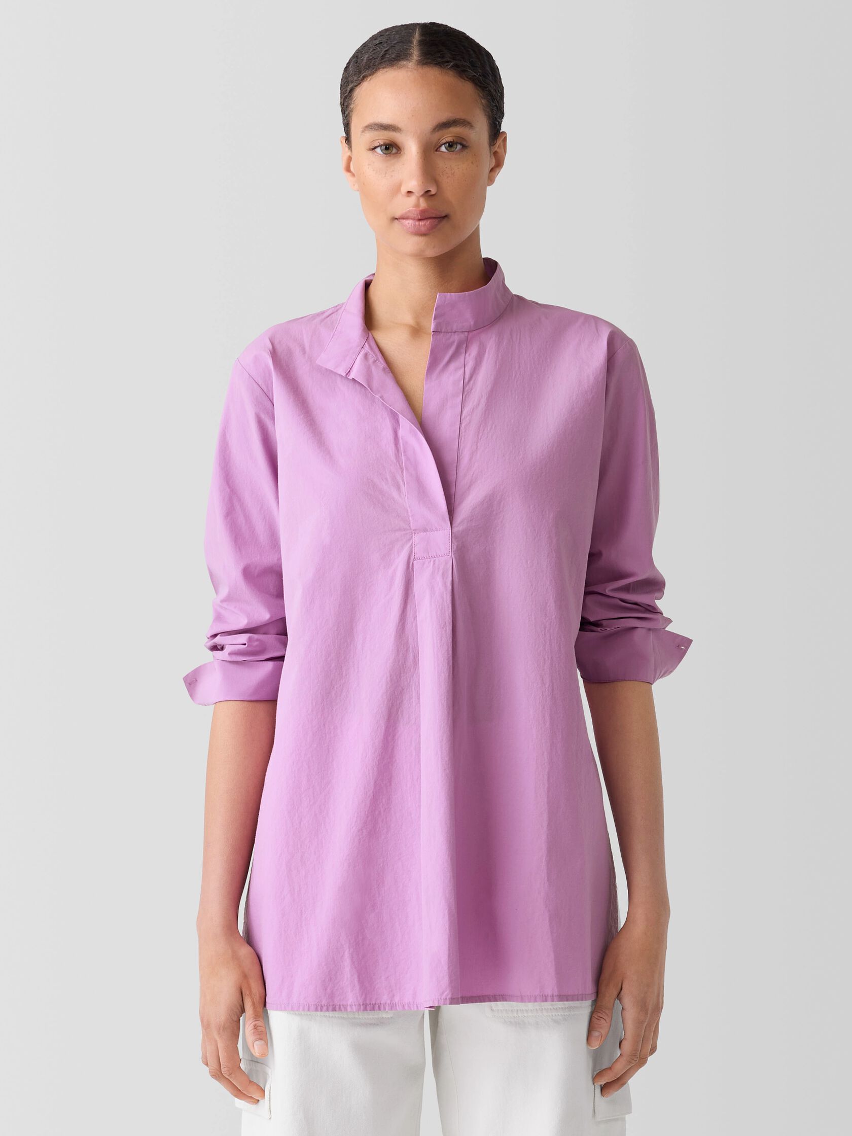 Washed Organic Cotton Poplin Stand Collar Top
