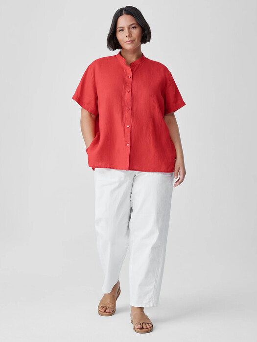 Organic Handkerchief Linen Band Collar Short-Sleeve Shirt