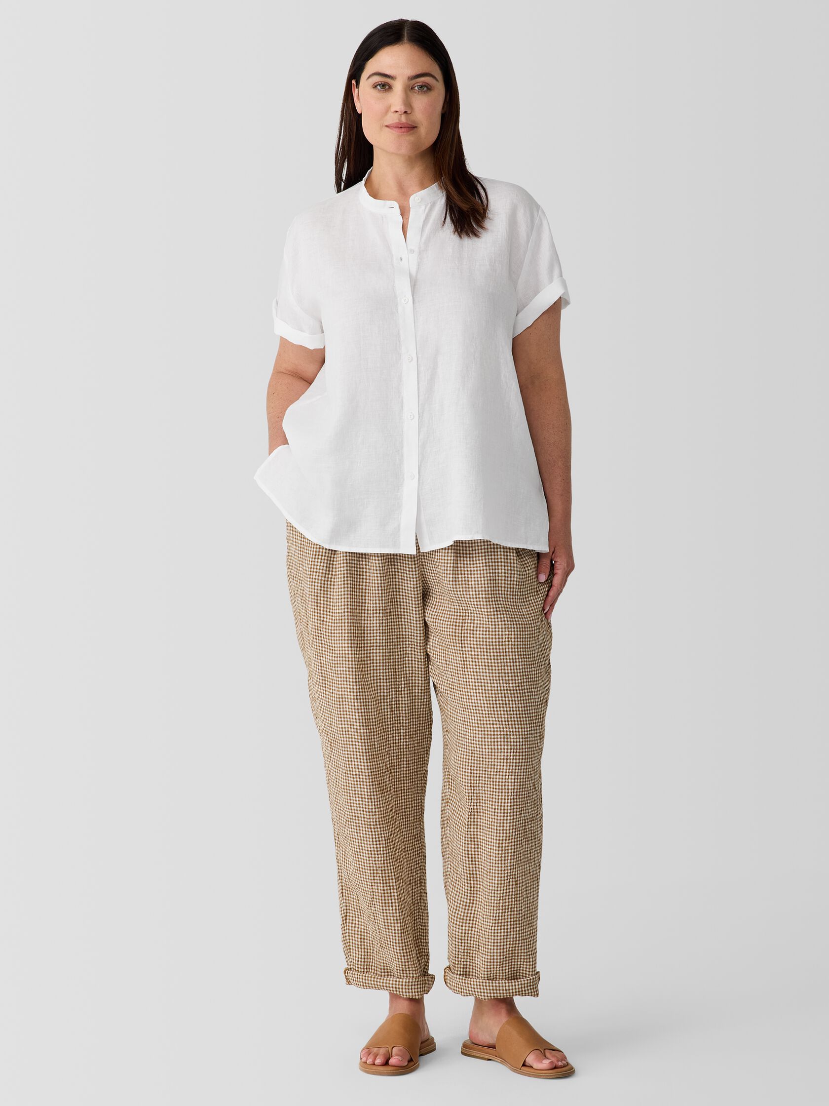 Organic Handkerchief Linen Band Collar Short-Sleeve Shirt