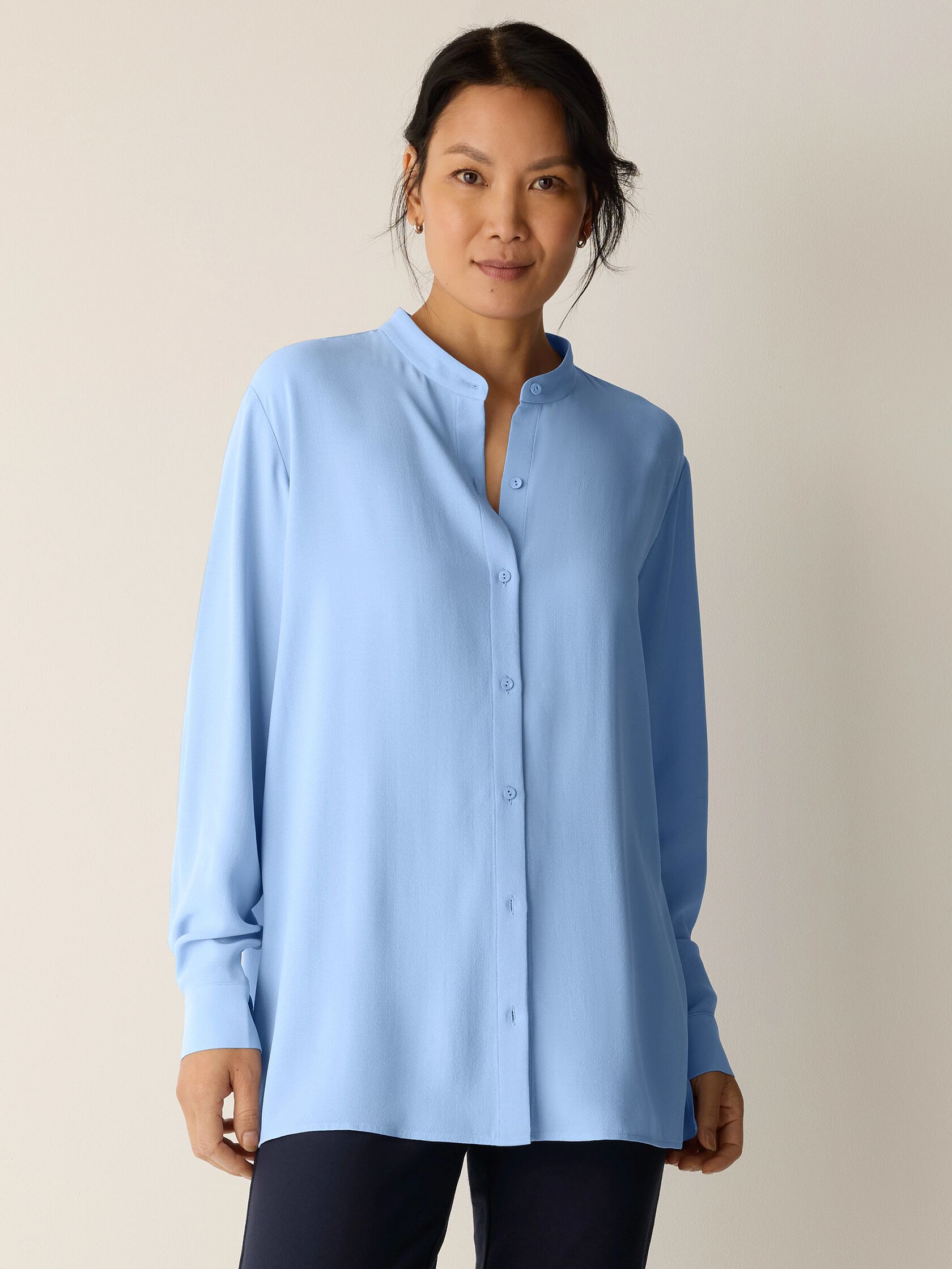 Silk Georgette Crepe Band Collar Shirt