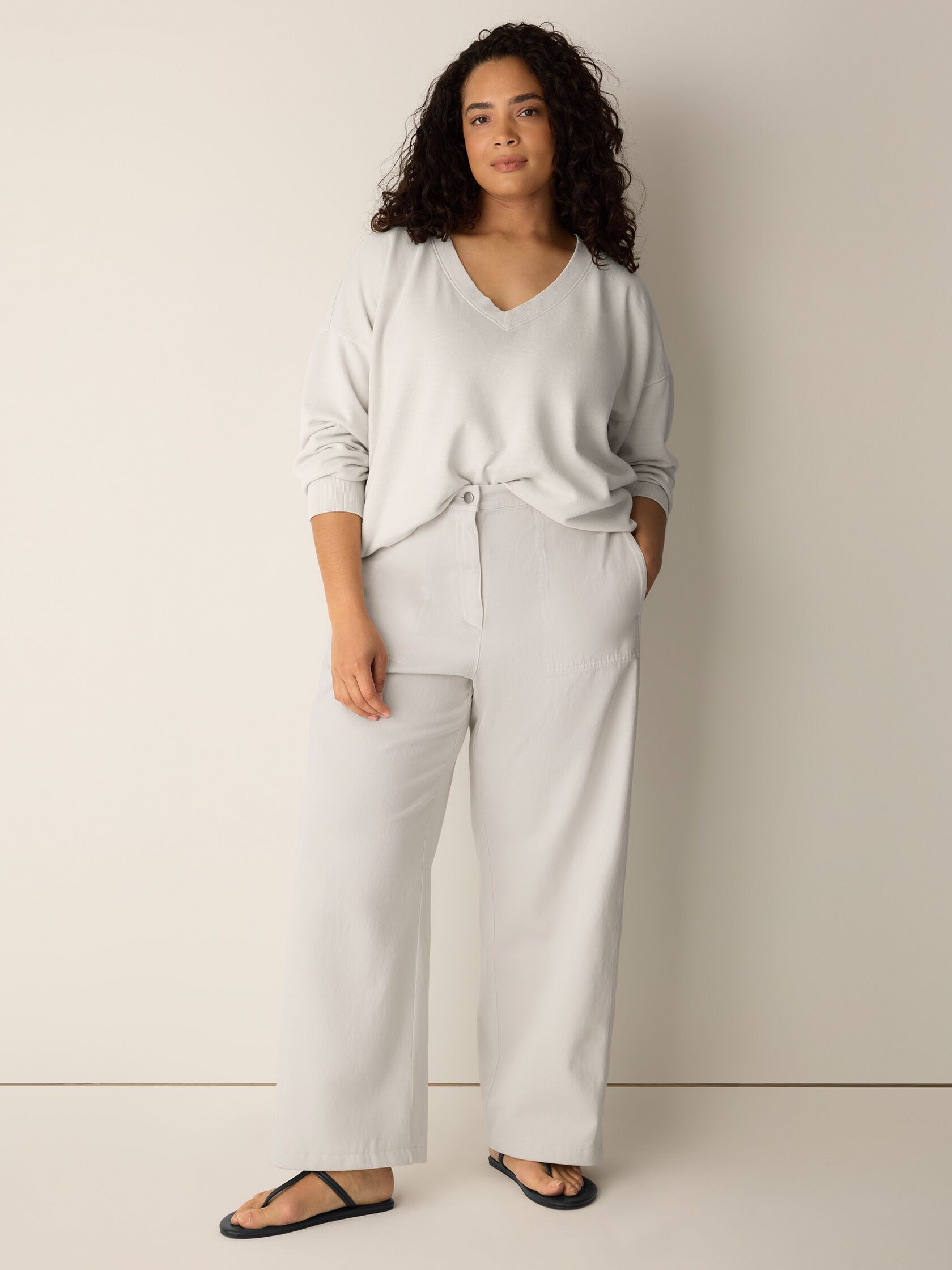 Garment-Dyed Organic Cotton Terry V-Neck Top