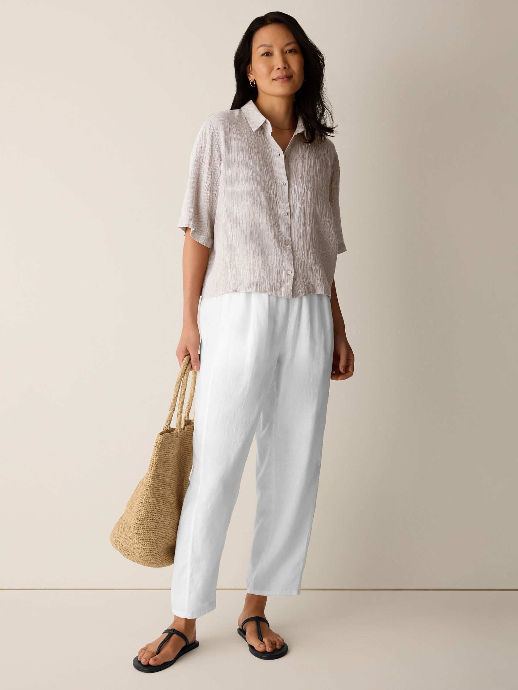 Puckered Organic Linen Stripe Elbow-Sleeve Shirt