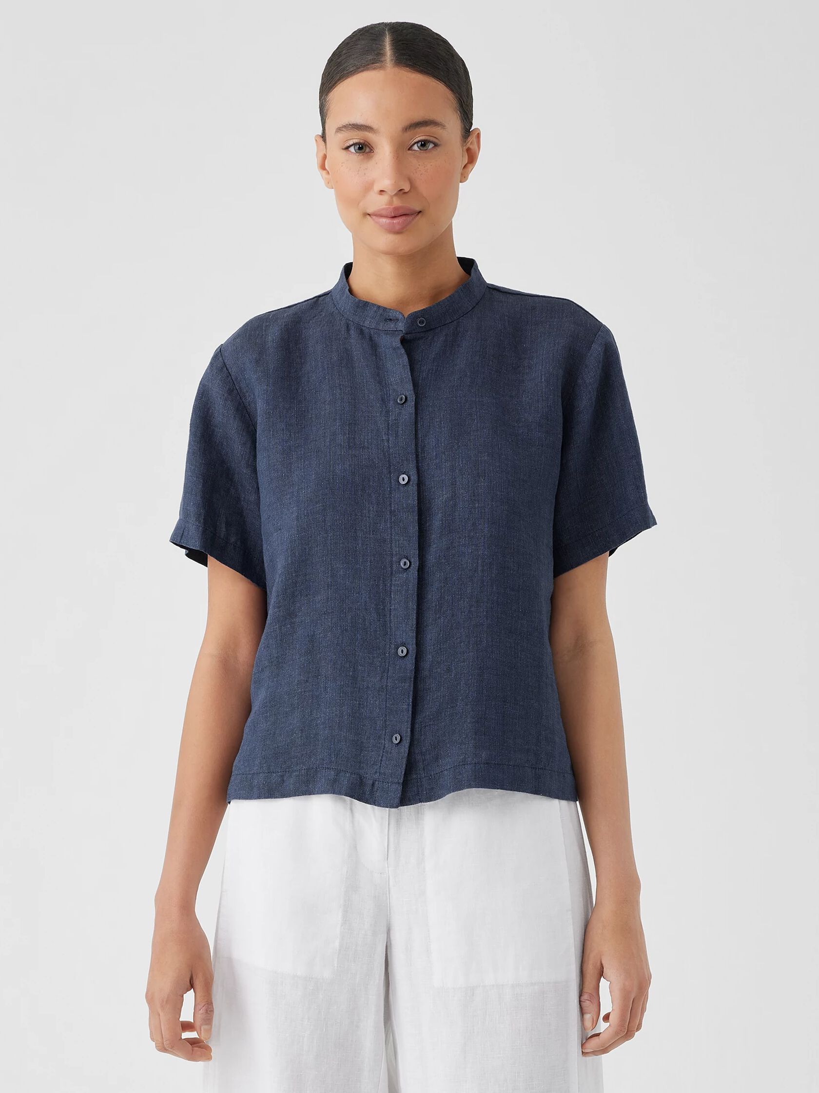 Washed Organic Linen Délavé Band Collar Shirt