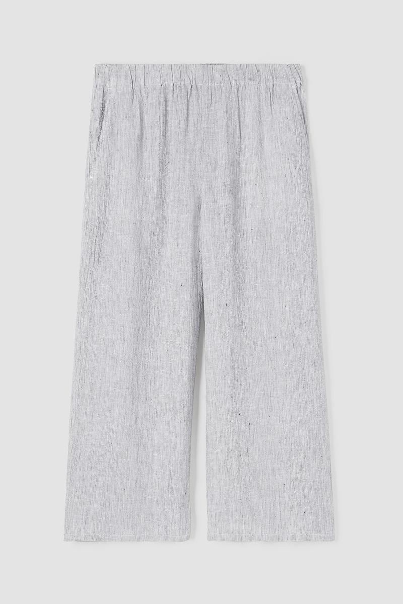 Crinkled Organic Linen Stripe Wide-Leg Pant