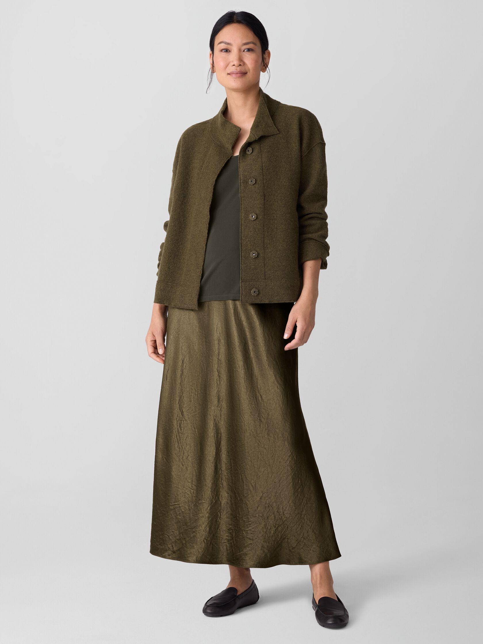 Lightweight Boiled Wool Stand Collar Jacket in Regenerative Wool