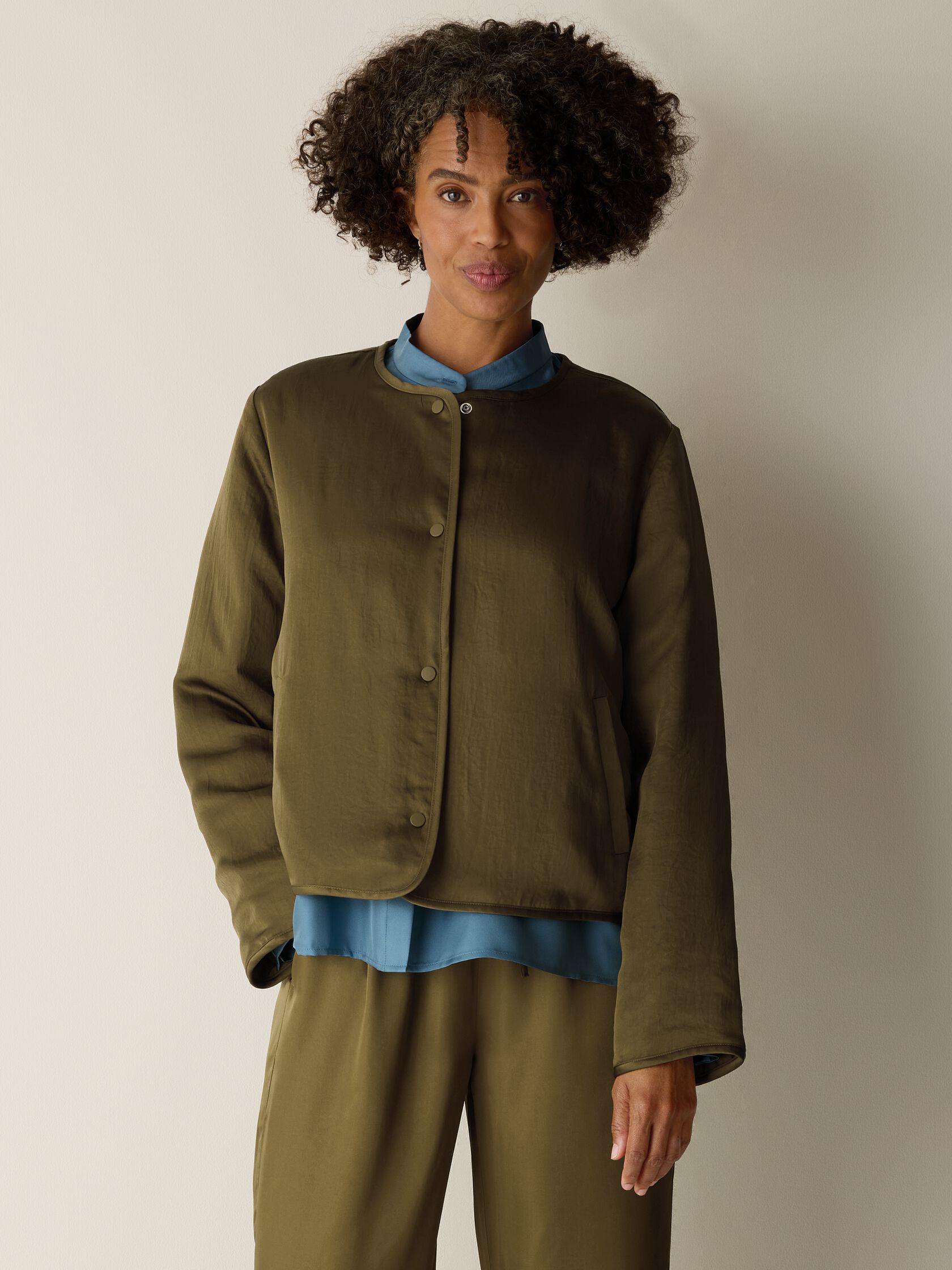 Smooth Satin Shimmer Padded Round Neck Jacket