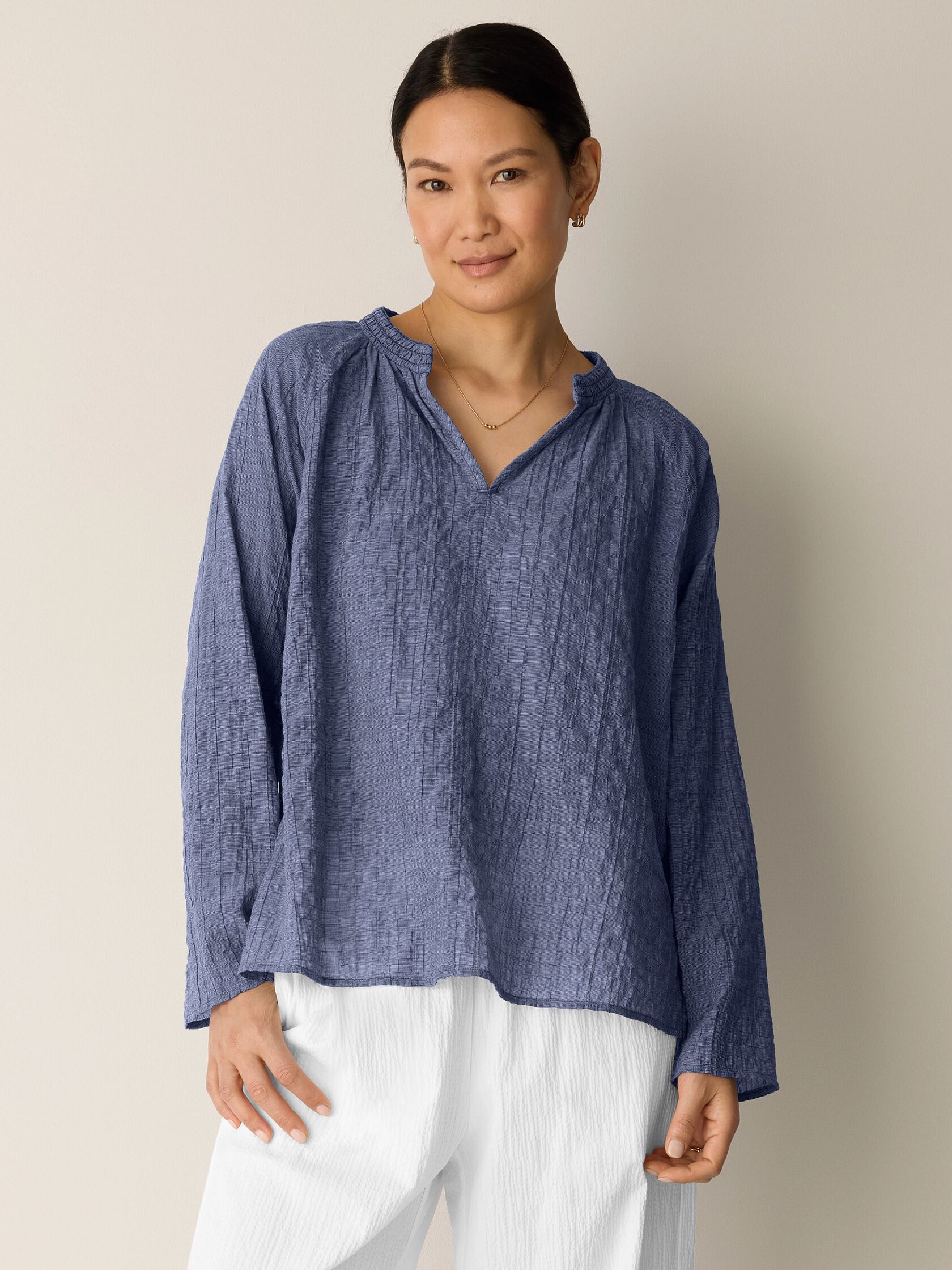 Organic Cotton Microstripe Pucker Split Collar Top