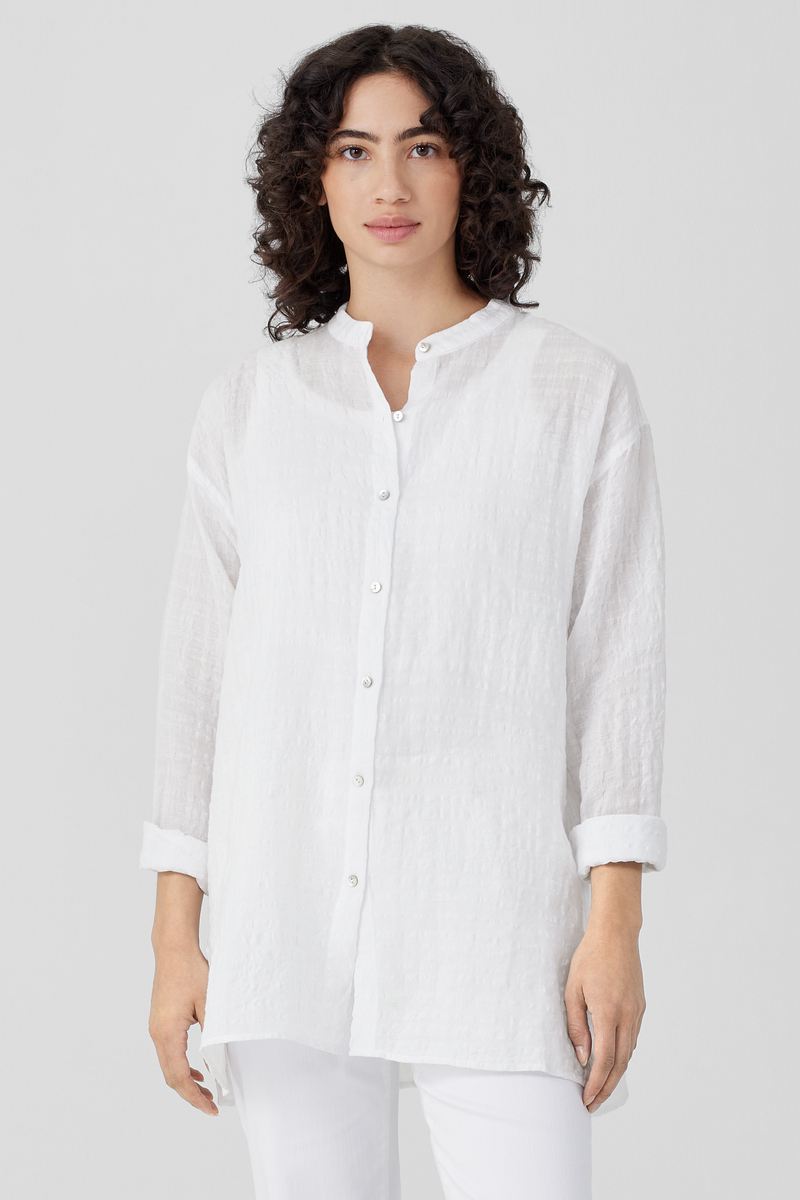 Linen Cotton Sheer Check Mandarin Collar Shirt