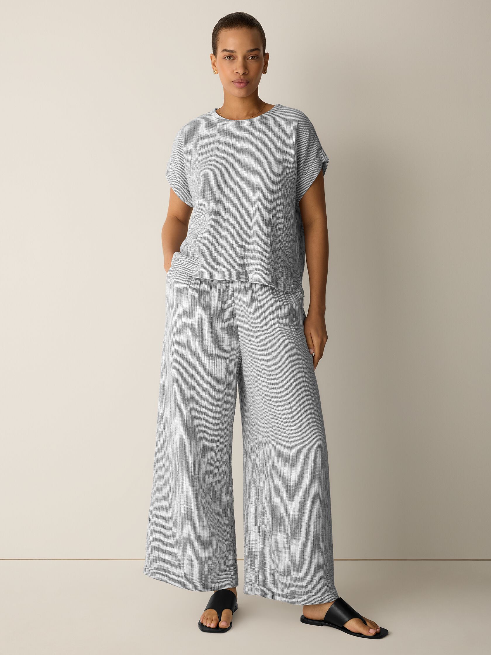 Striped Organic Cotton Gauze Wide-Leg Pant