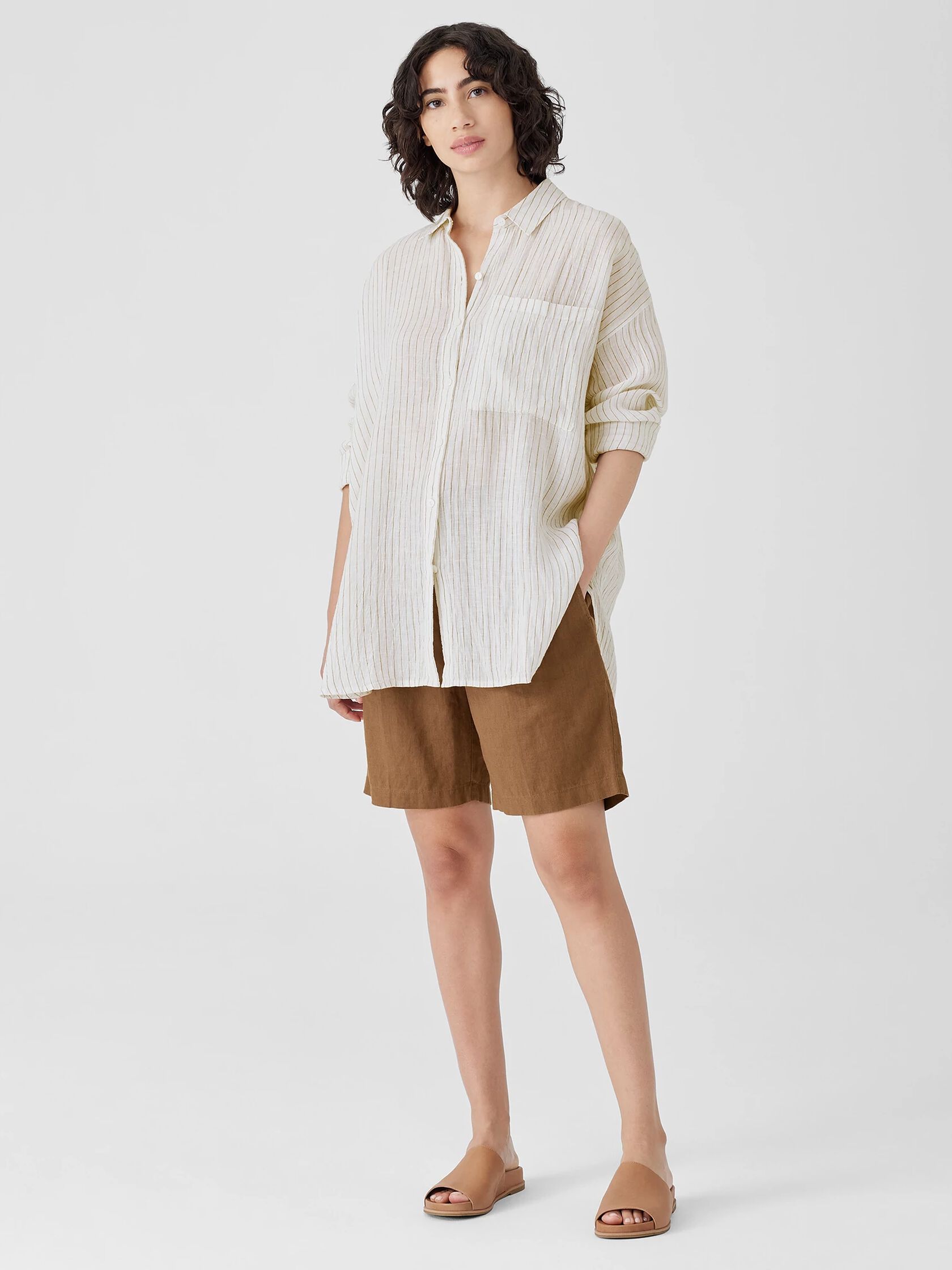 Puckered Organic Linen Classic Collar Long Shirt