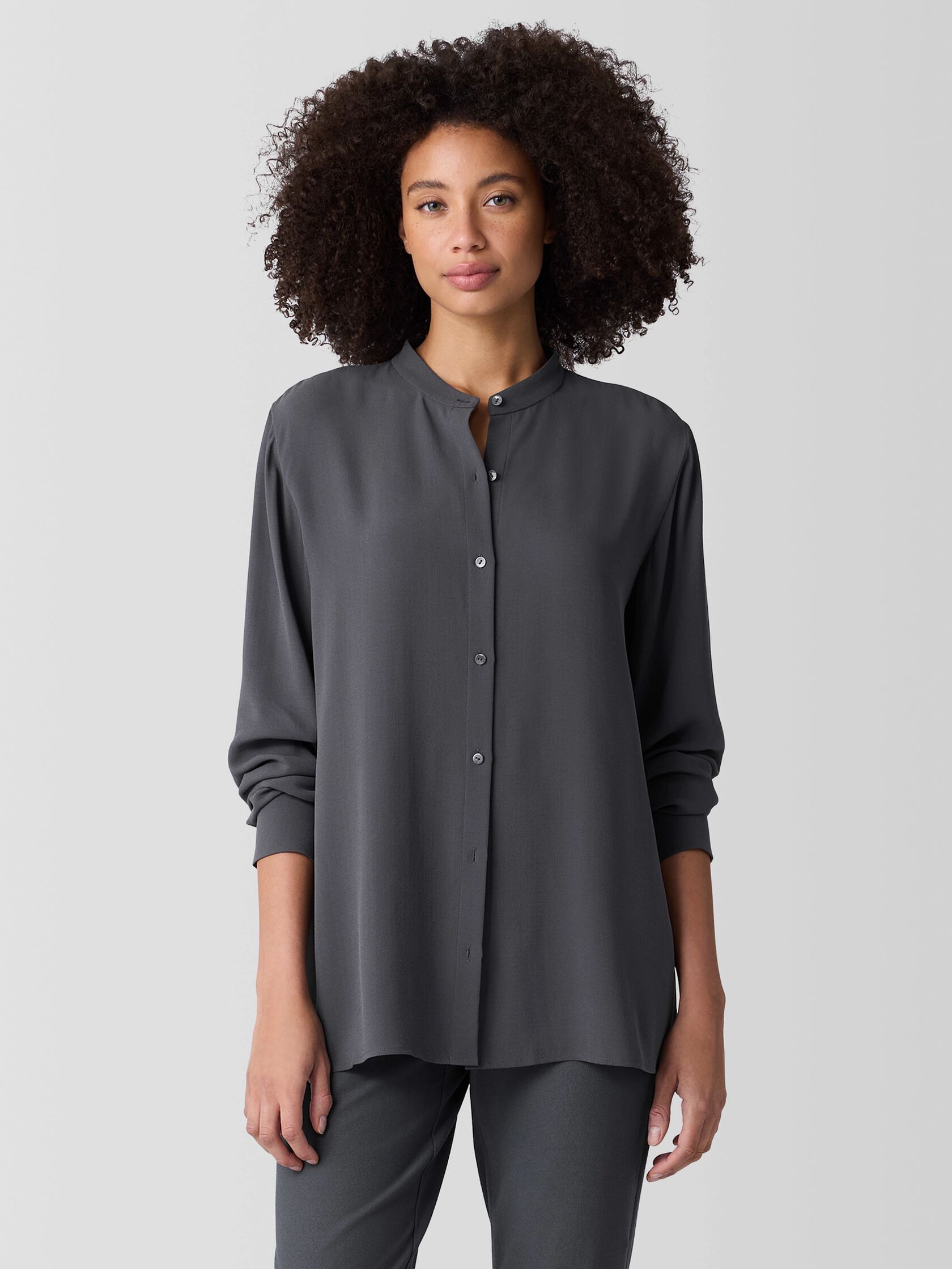 Silk Georgette Crepe Band Collar Shirt