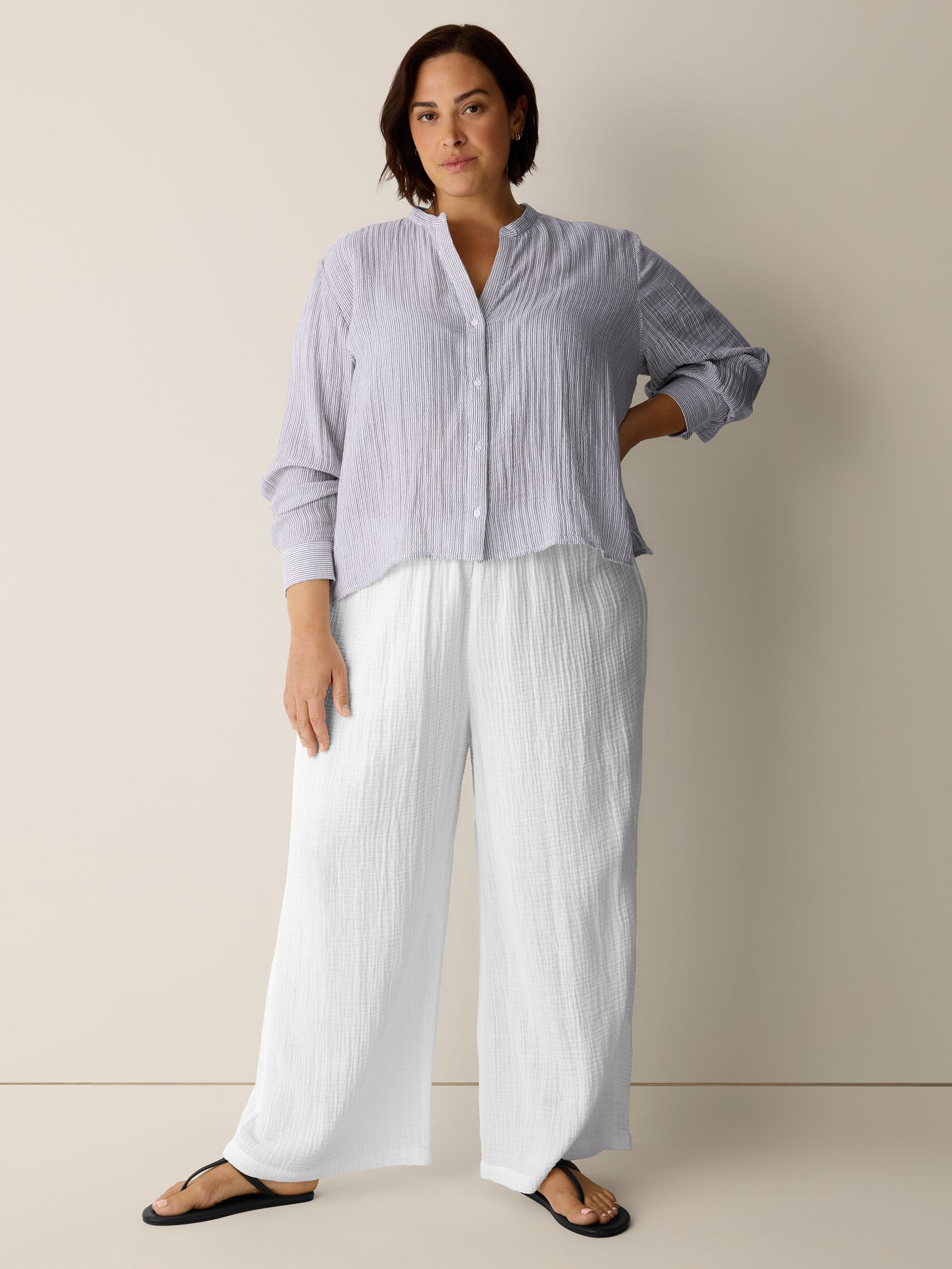 Striped Organic Cotton Gauze Band Collar Shirt