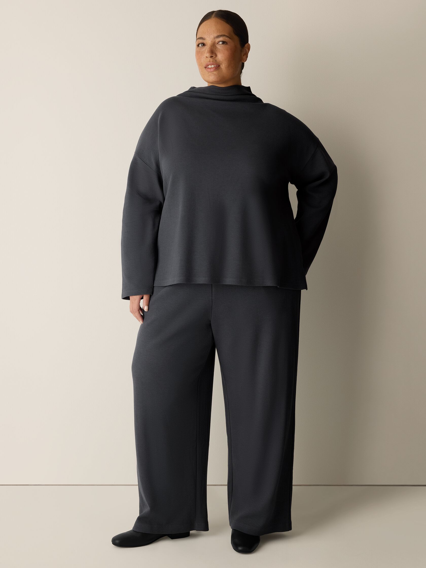 Waffle Cotton Blend Doubleknit Funnel Neck Box-Top