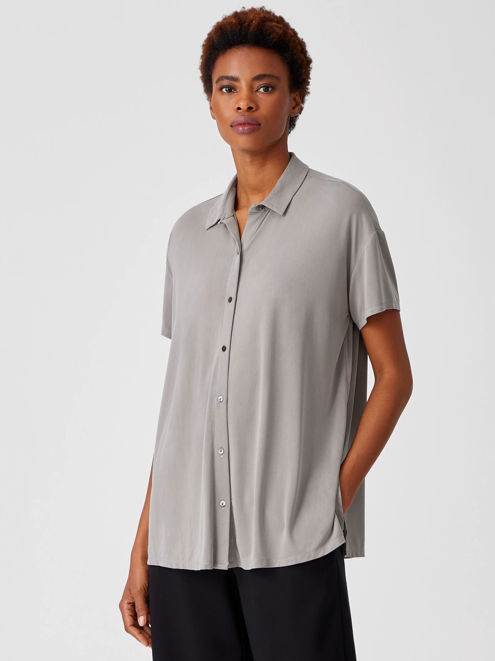 Sueded Cupro Knit Short-Sleeve Long Shirt