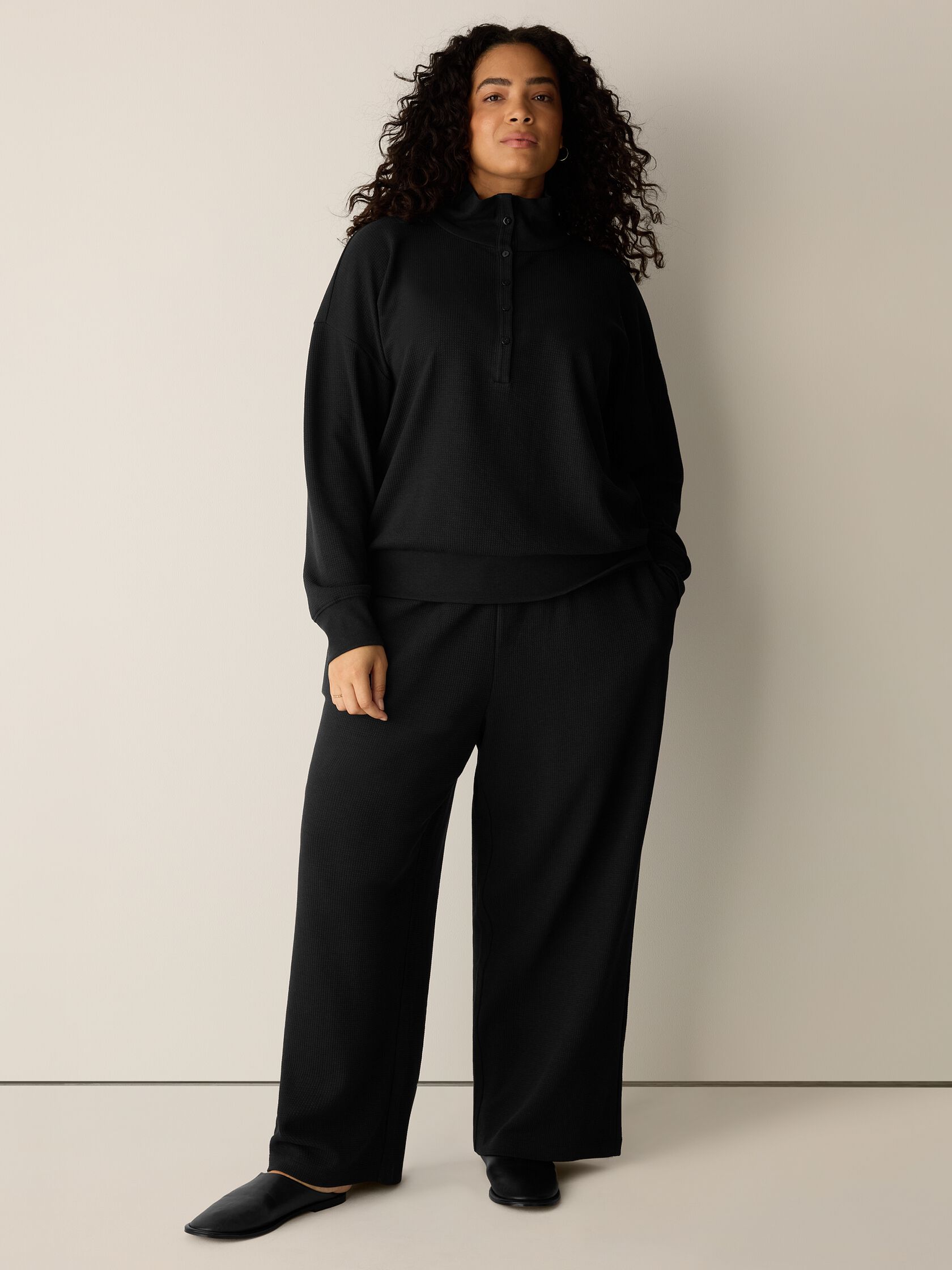 Waffle Cotton Blend Doubleknit High Collar Henley Top