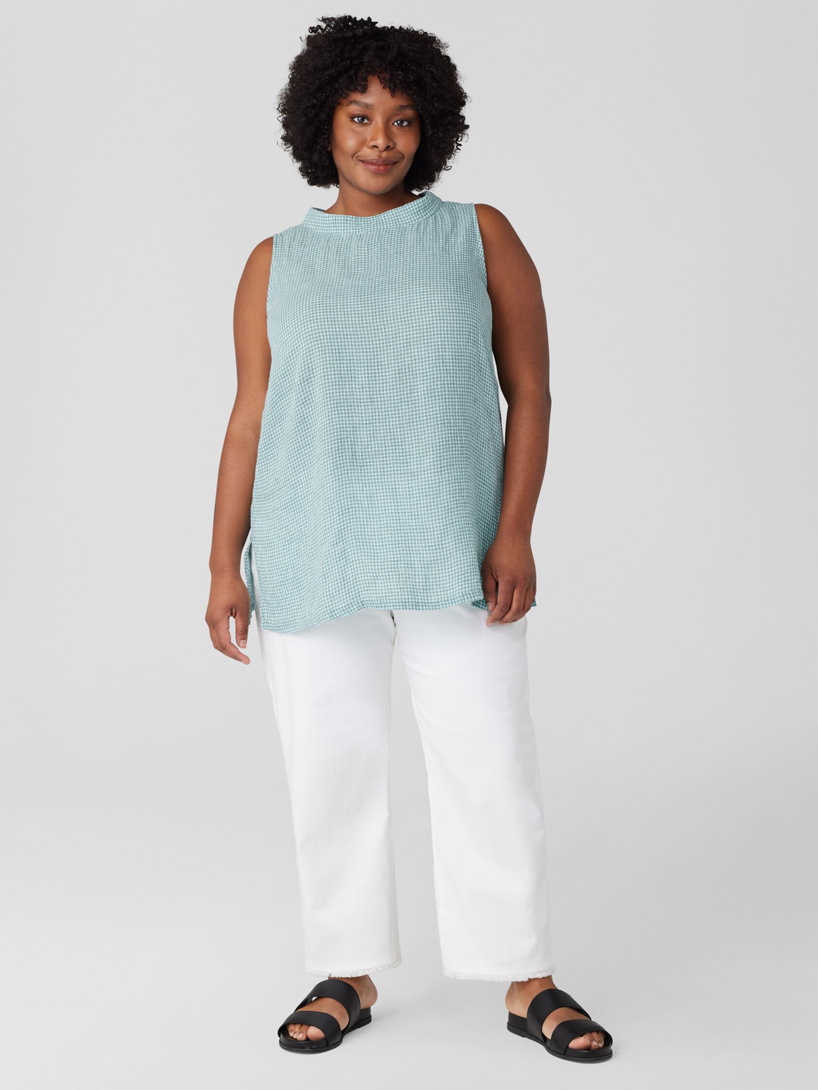 Puckered Organic Linen Mock Neck Top