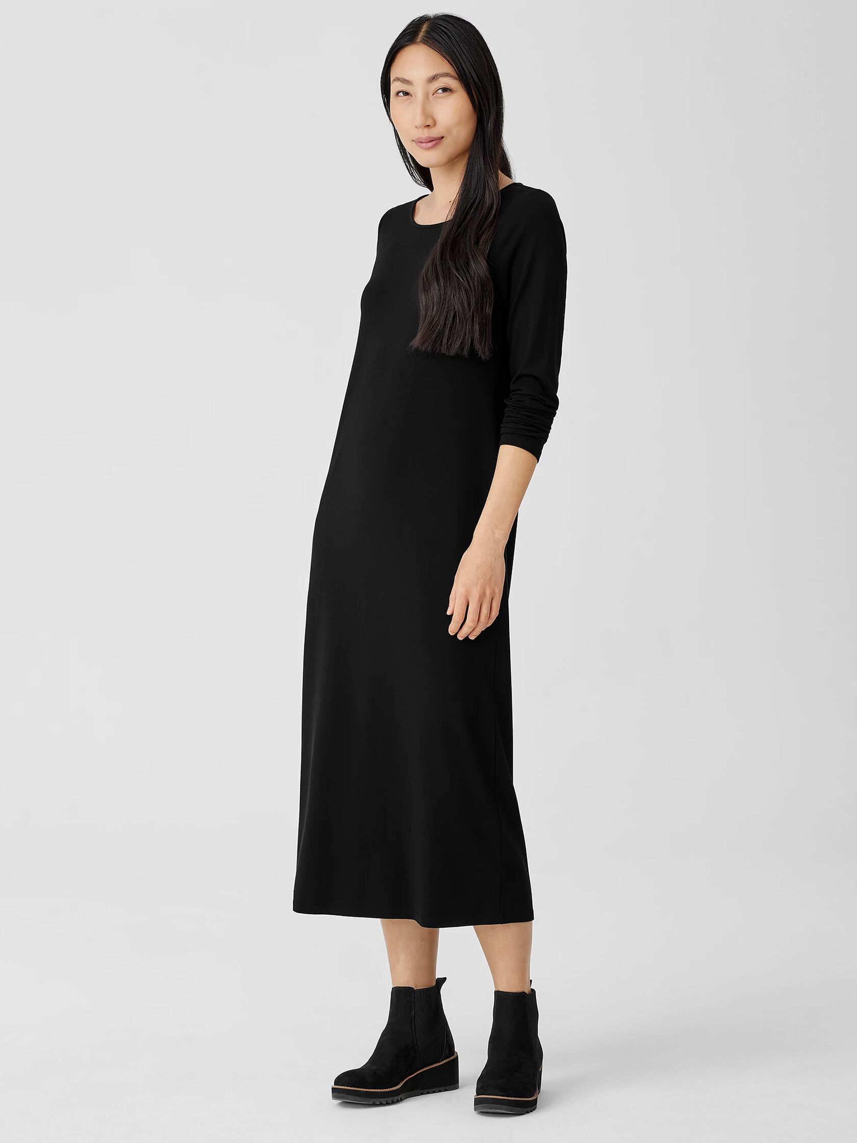Stretch Jersey Knit Jewel Neck Dress EILEEN FISHER
