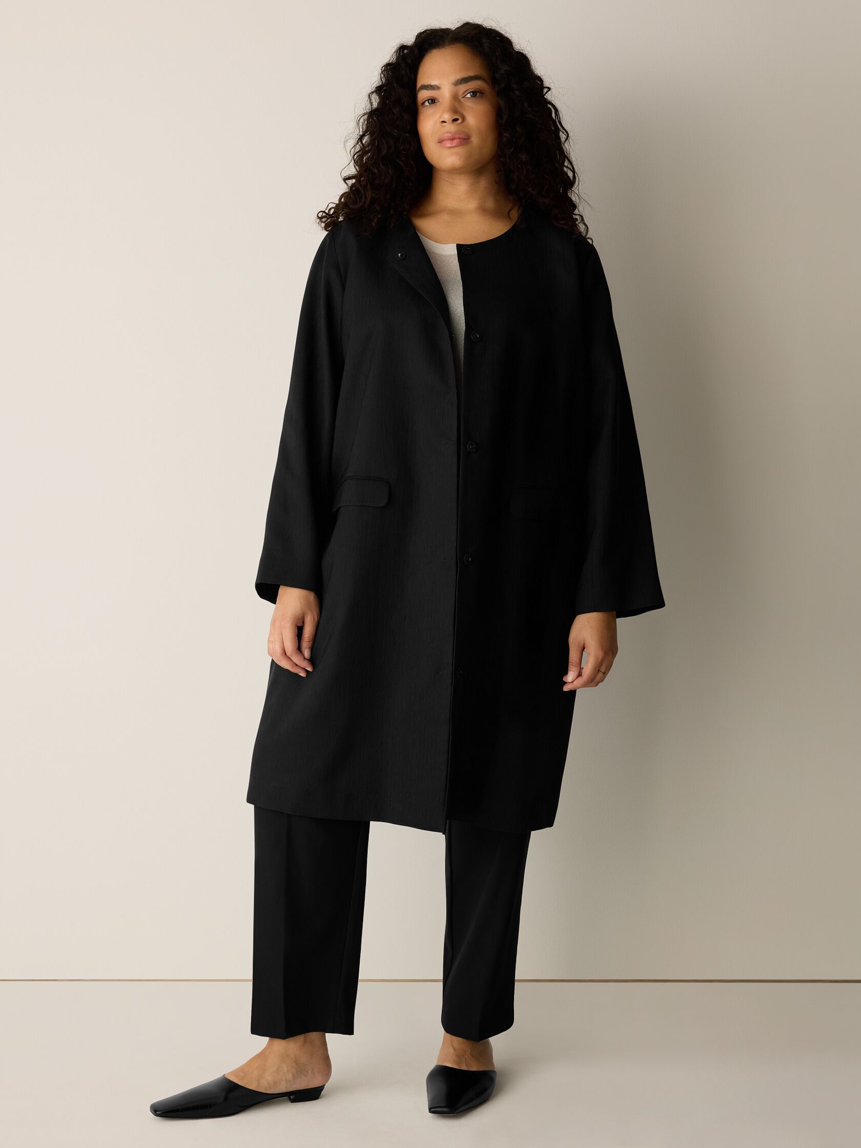 Textured Silk Weave Round Neck Coat