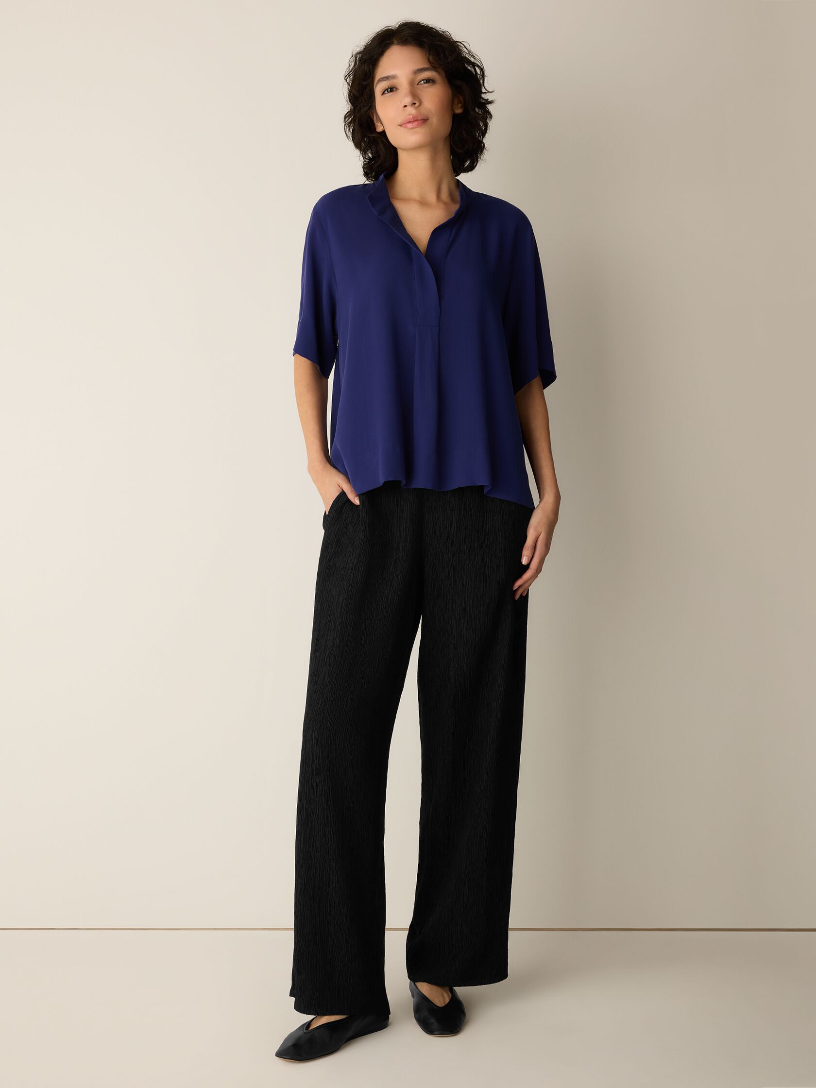 Silk Georgette Crepe Split Neck Top