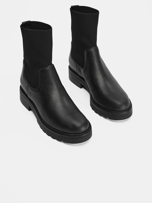 East Leather and Recycled Stretch Knit Sock Boot