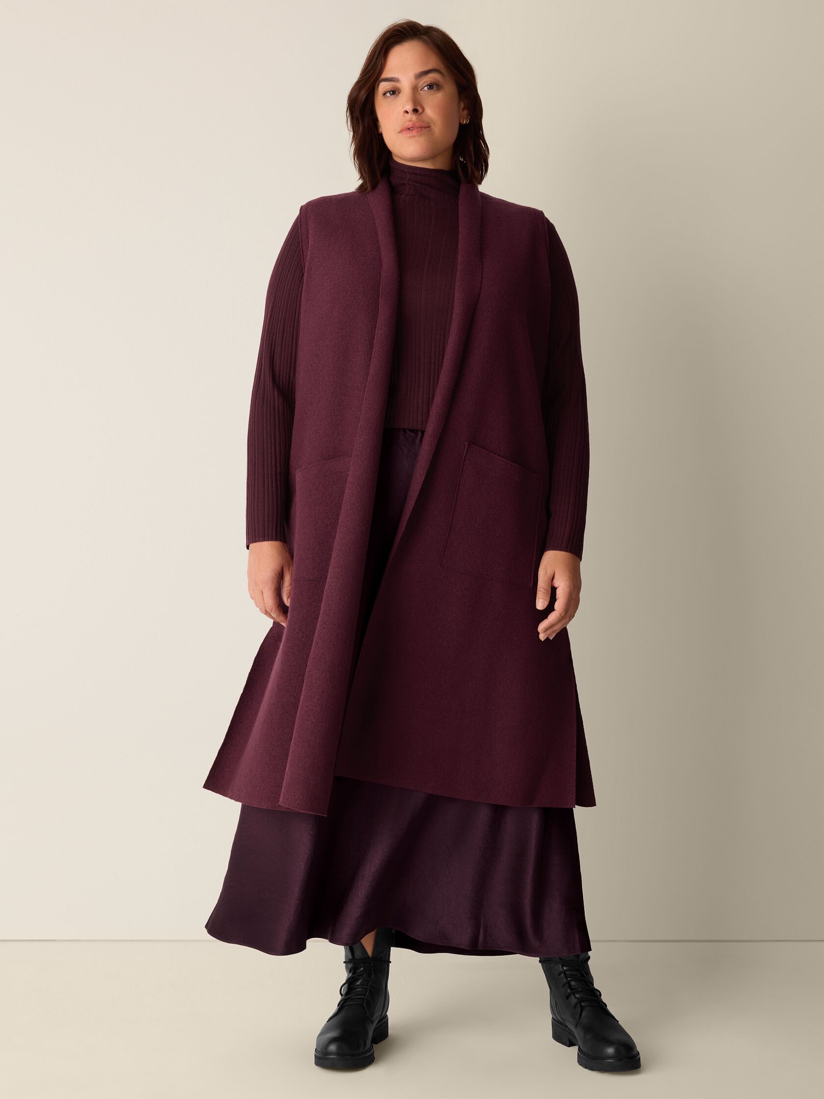 Lightweight Boiled Wool Shawl Collar Vest in Regenerative Wool
