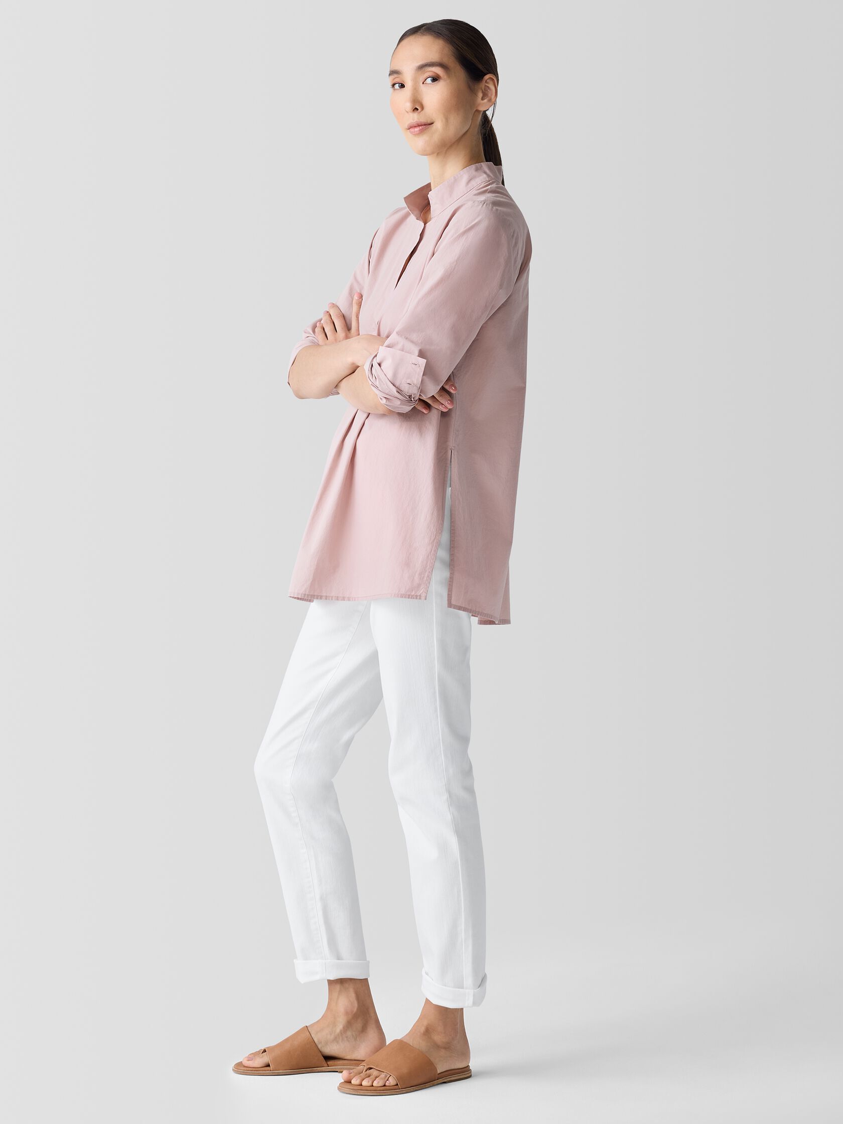 Washed Organic Cotton Poplin Stand Collar Top