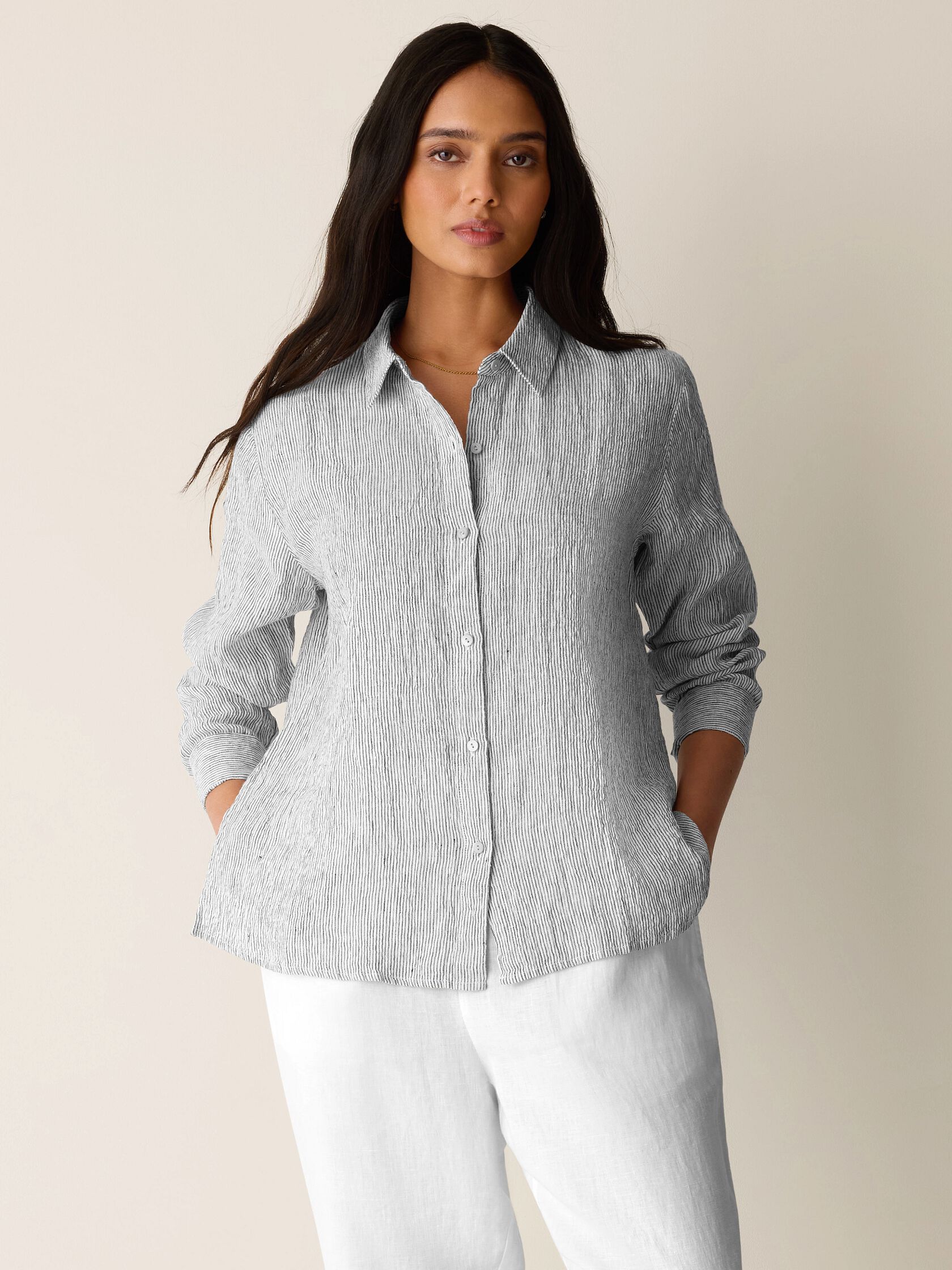 Puckered Organic Linen Stripe Classic Collar Shirt