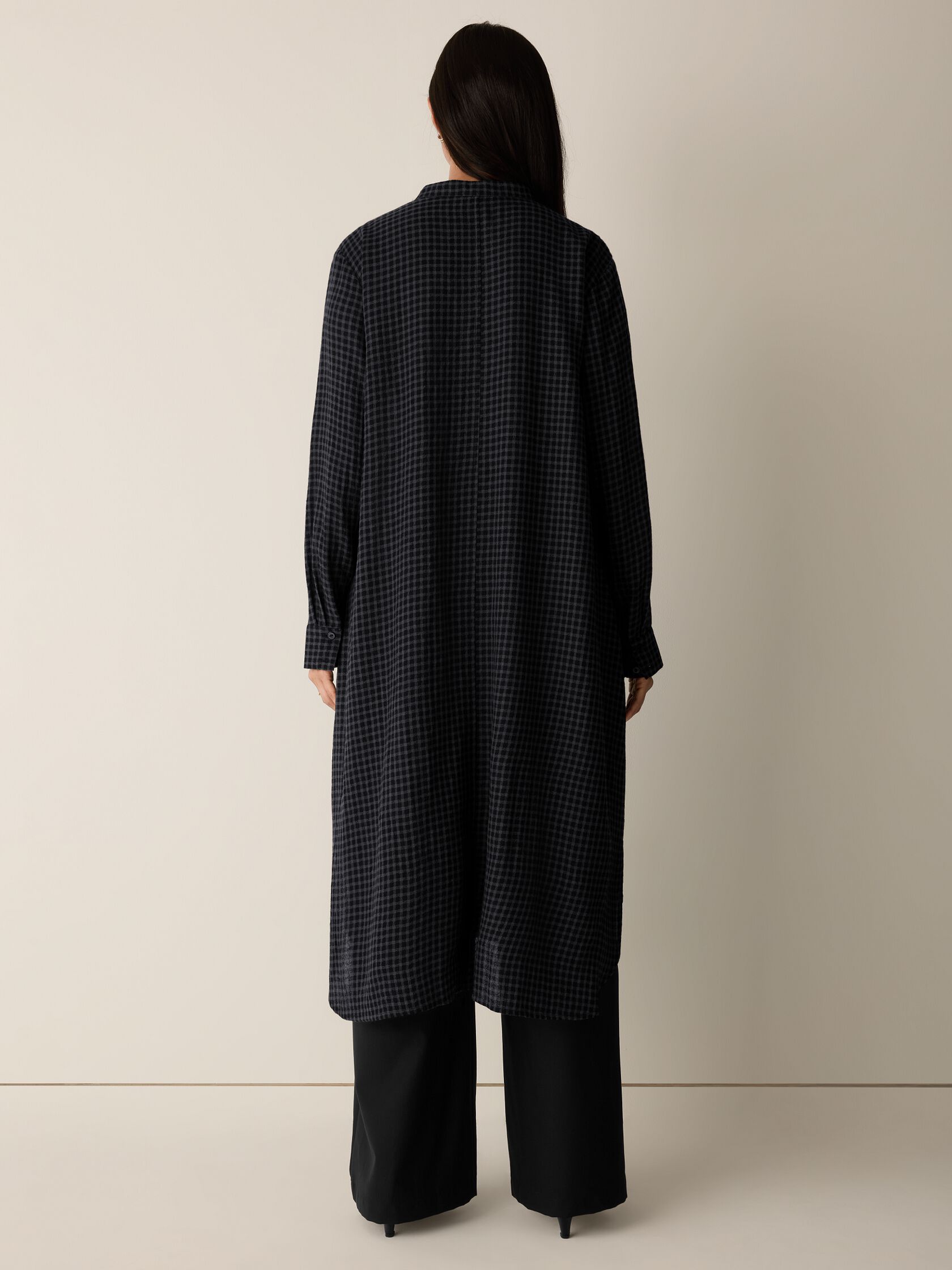 Wool Cotton Check Band Collar Shirtdress